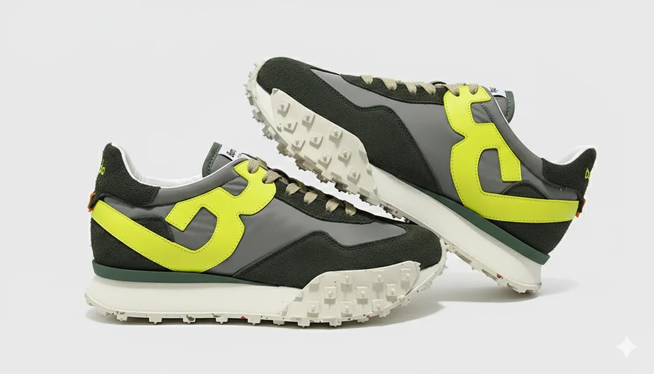 Sneakers uomo verdi e grigie con dettagli gialli, suola spessa e design moderno