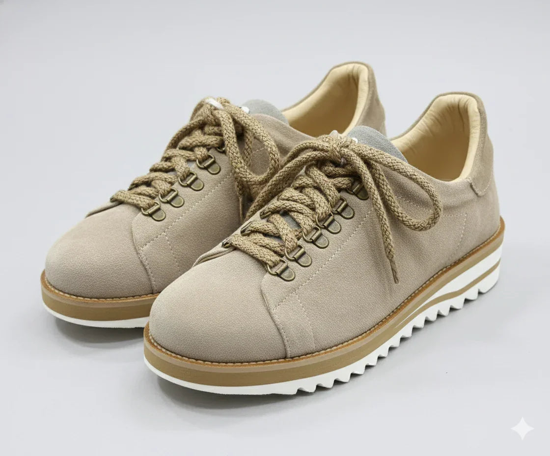 Sneakers beige da uomo in pelle scamosciata con suola bianca, stile casual elegante