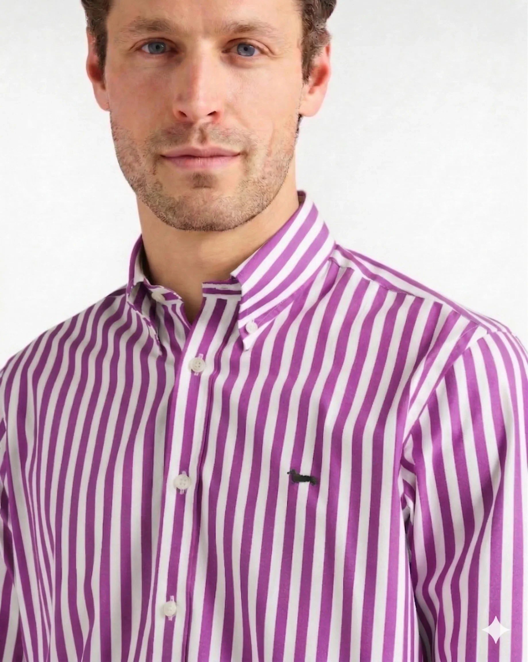 Camicia uomo a righe verticali viola e bianche con logo ricamato, moda elegante