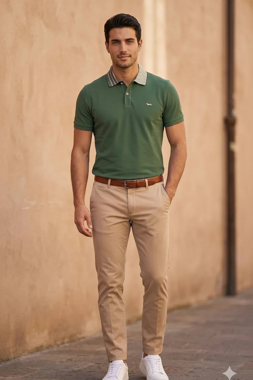 Uomo con polo verde, pantaloni beige e sneakers bianche, moda maschile elegante
