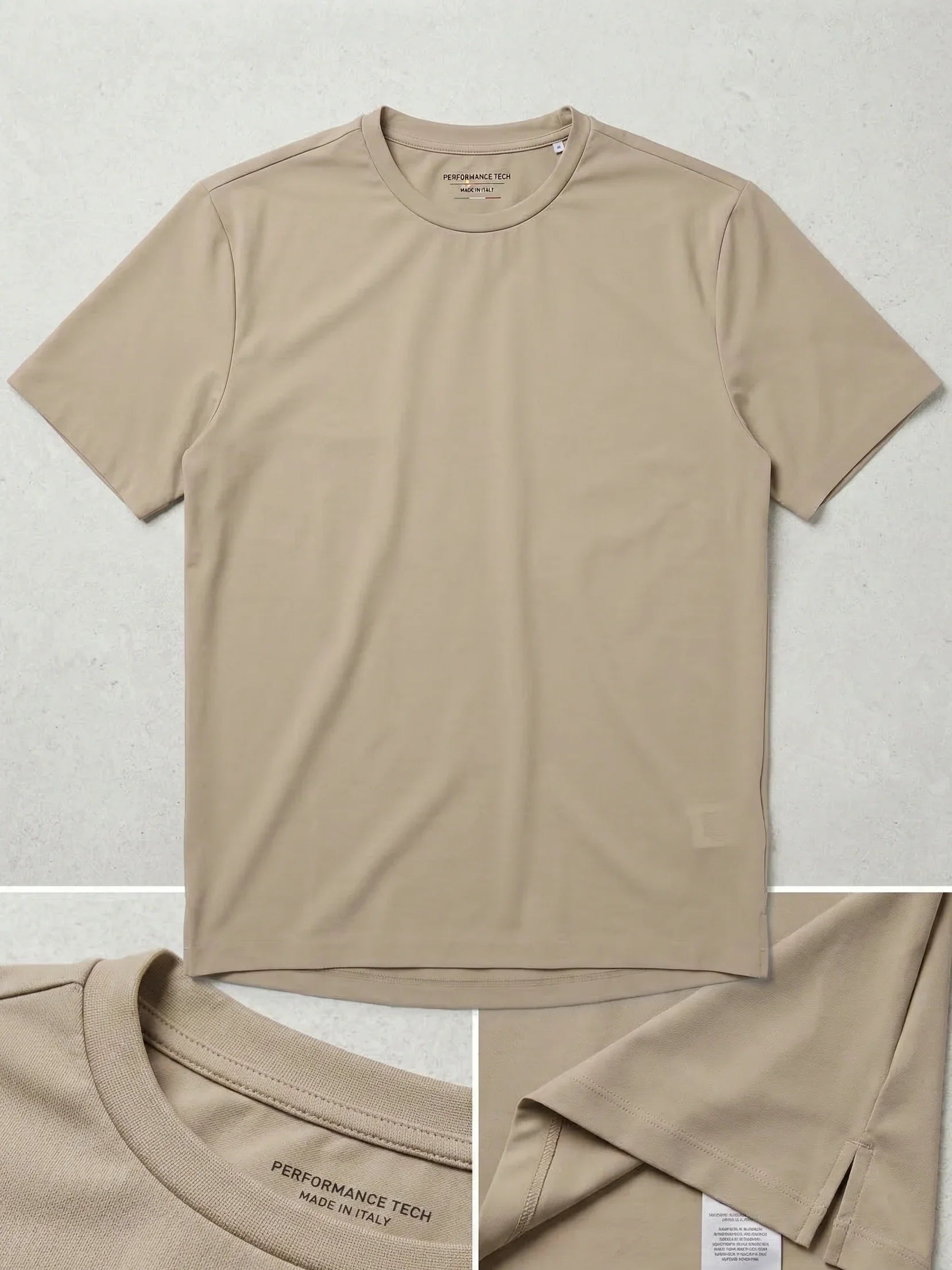 T-shirt uomo beige in tessuto tecnico, manica corta, girocollo, made in Italy.