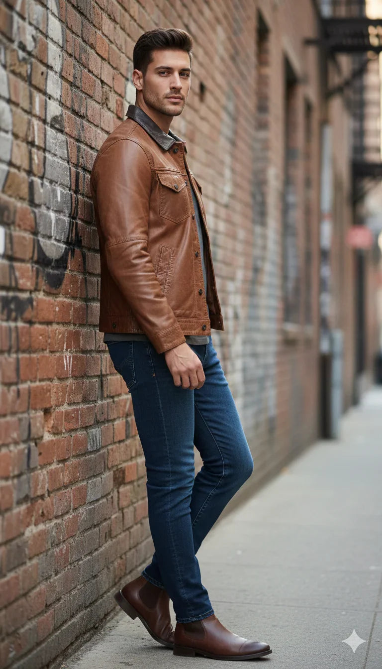 Uomo con giacca in pelle marrone, jeans slim e stivaletti marroni, look moda urbana