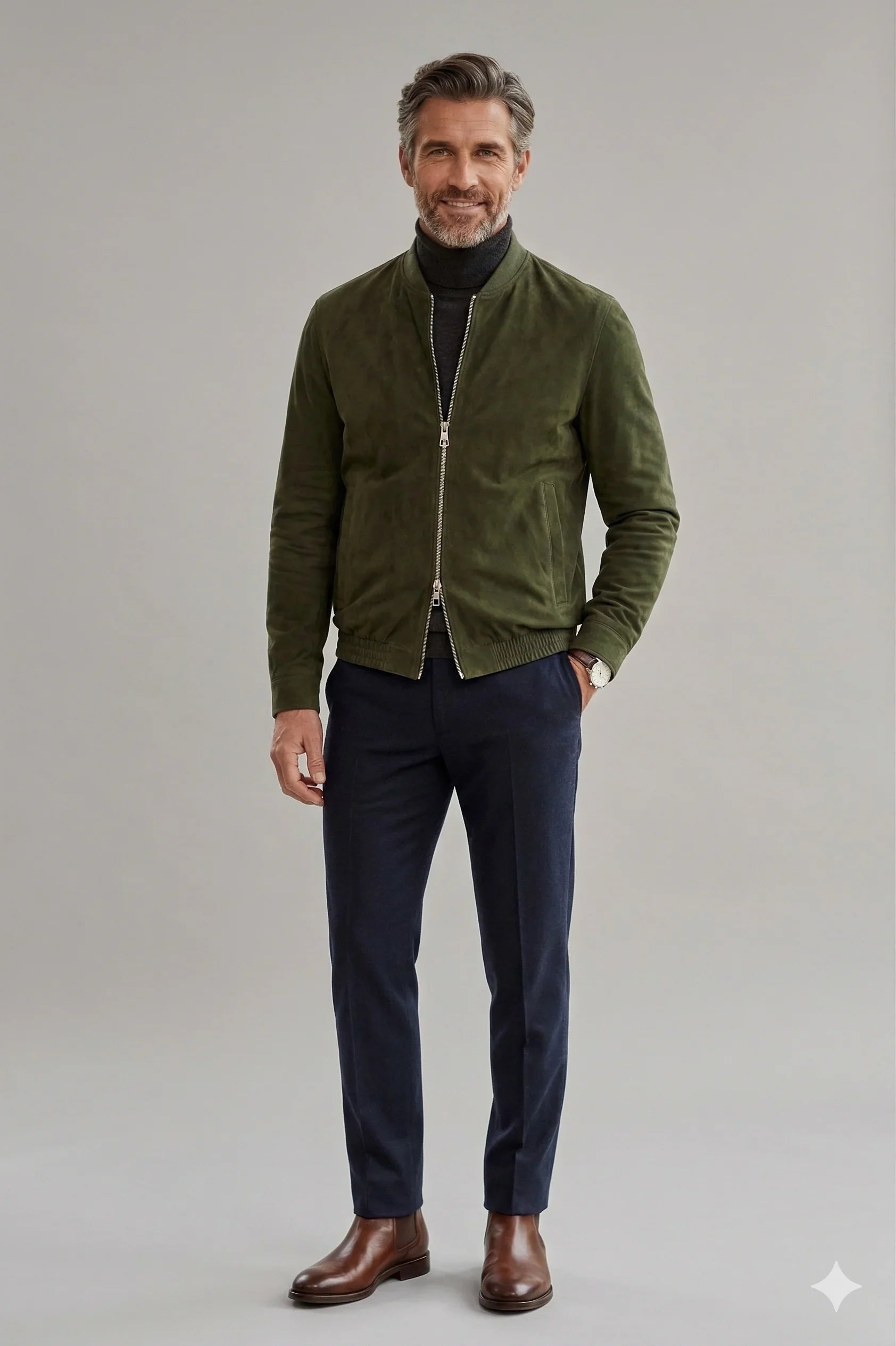 Uomo con giubbotto verde, dolcevita scuro, pantaloni blu e stivaletti marroni eleganti