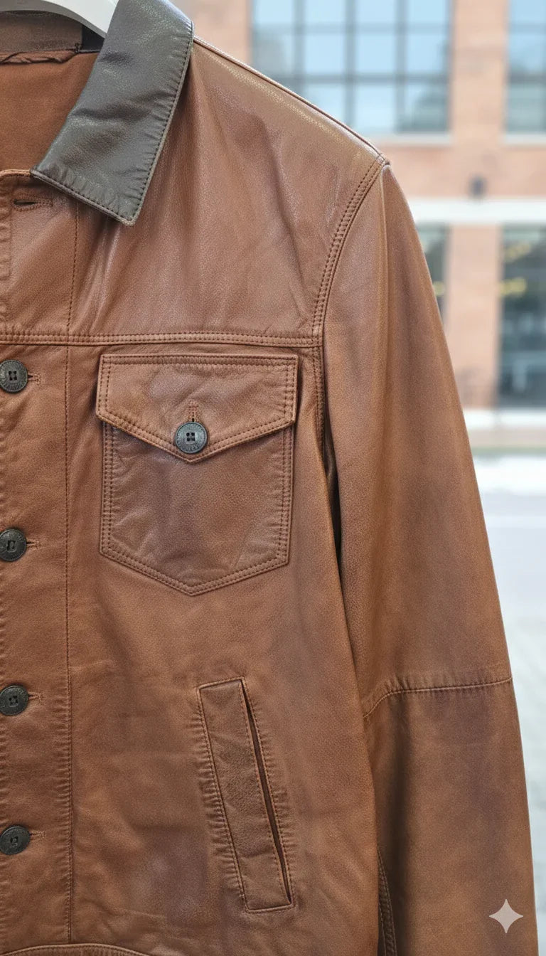 Giacca uomo in pelle marrone con colletto a contrasto e tasca frontale