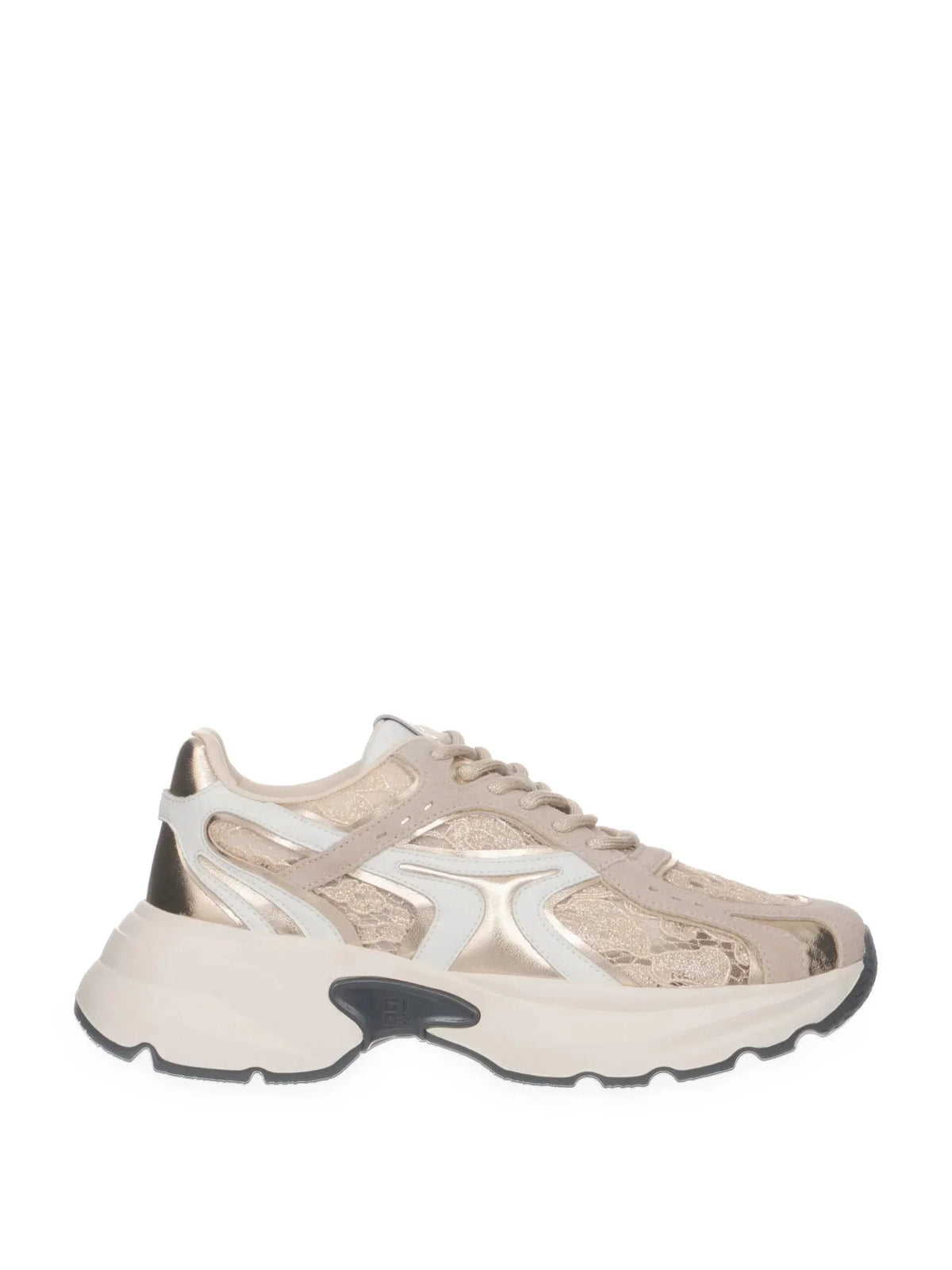 Sneaker donna beige con dettagli oro e bianco, suola chunky, stile moda Made in Italy