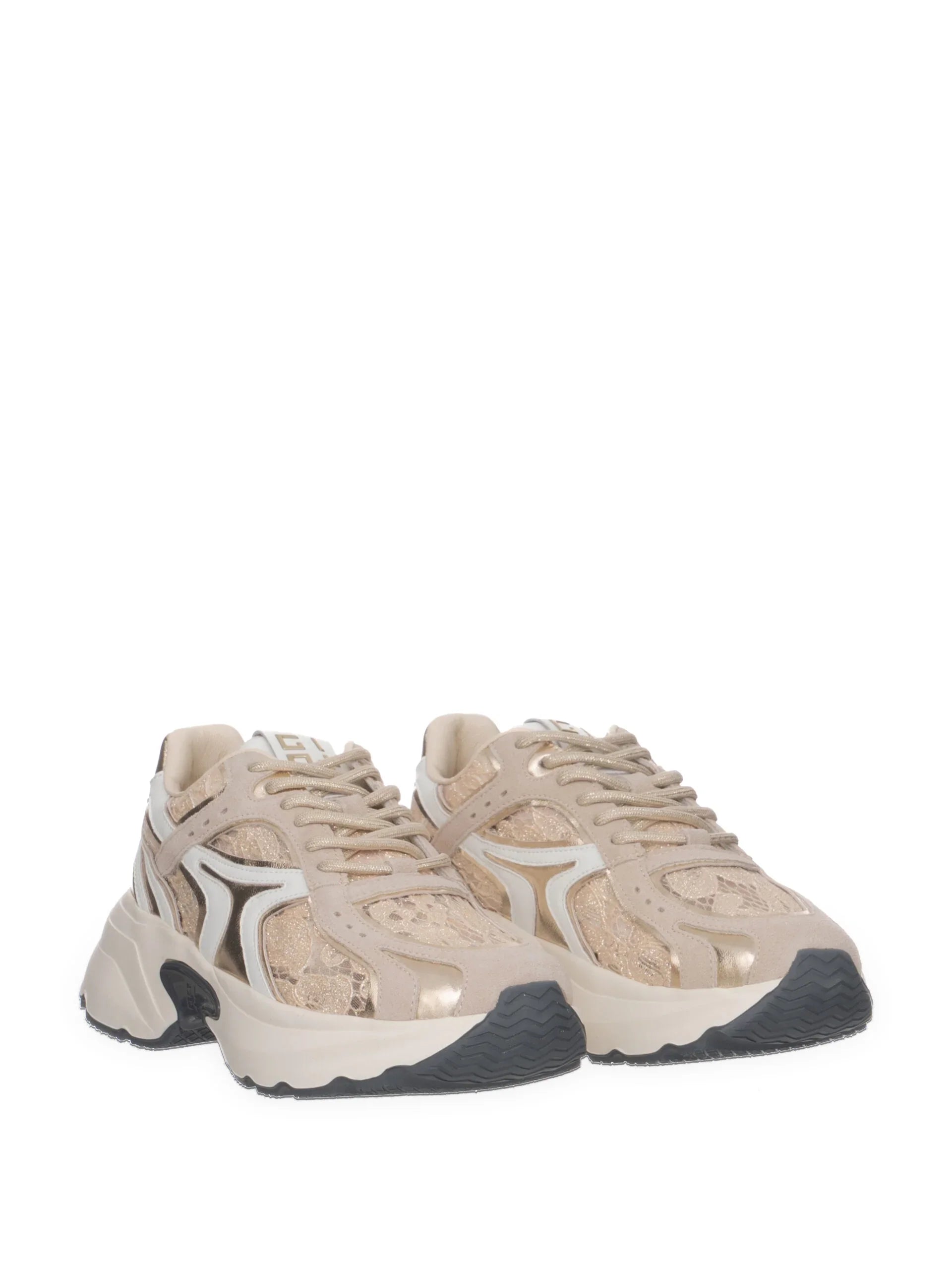 Sneakers donna beige in pizzo e dettagli dorati, suola chunky, moda primavera estate