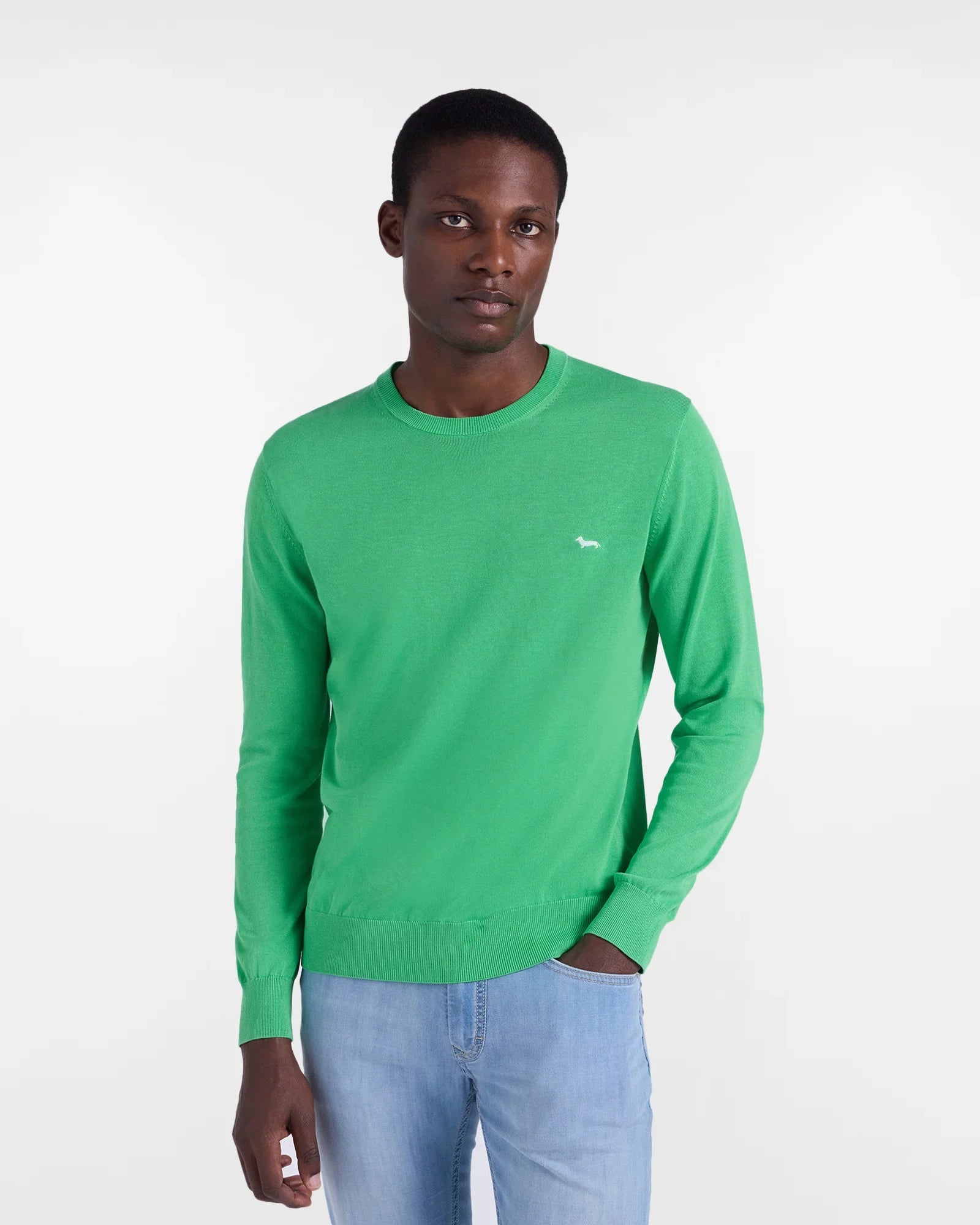 Maglione verde uomo in cotone, logo ricamato sul petto, abbigliamento casual elegante