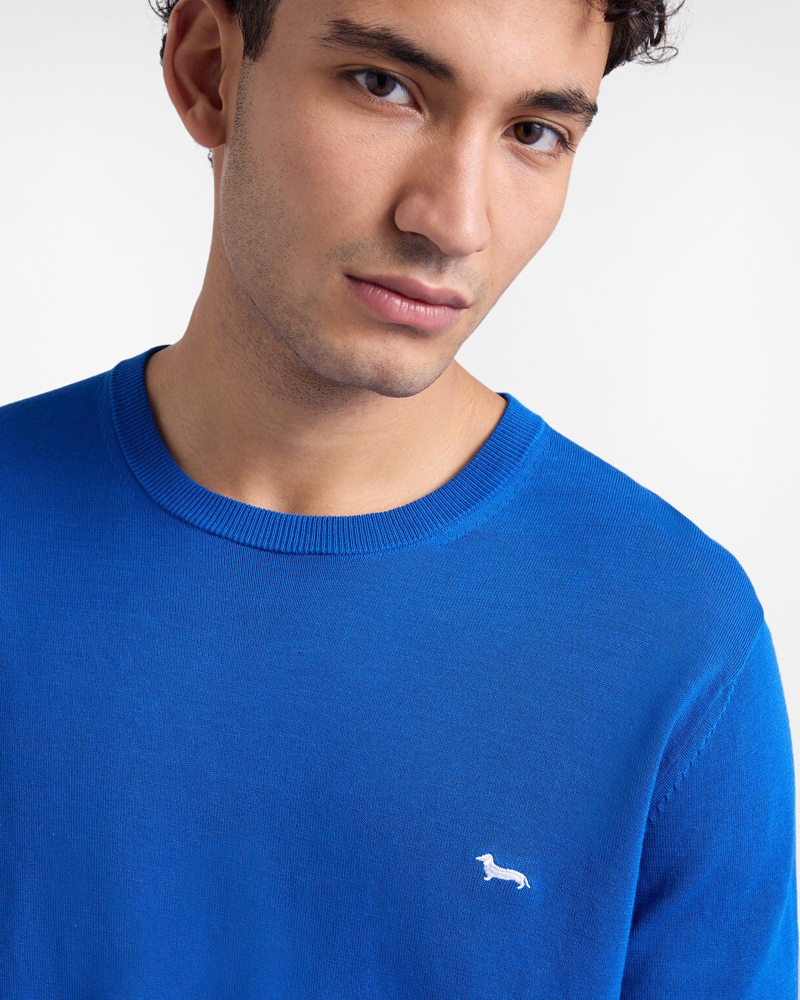 Maglione uomo blu in cotone con logo cagnolino bianco, stile casual elegante