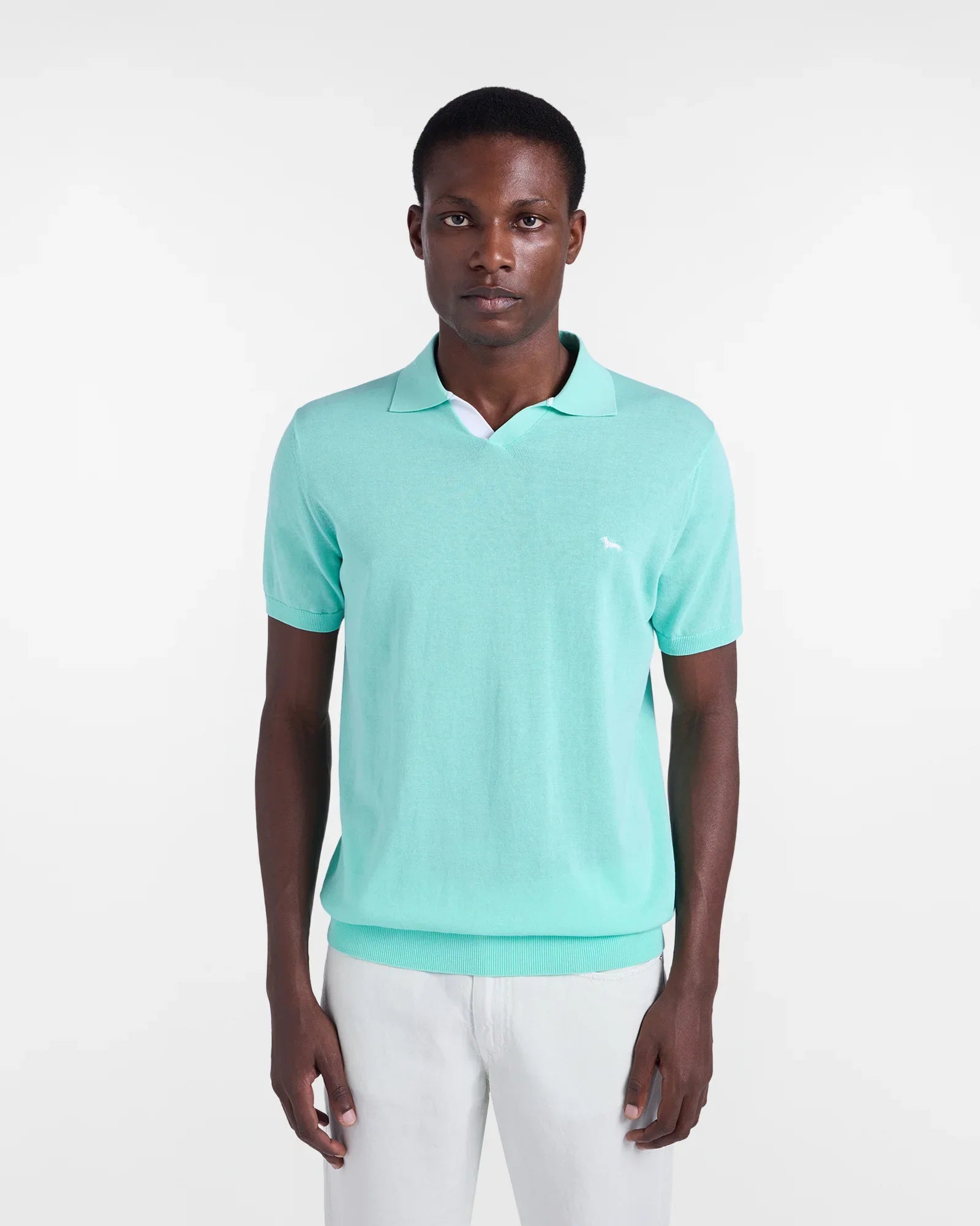 Modello indossa polo verde acqua da uomo a maniche corte, sfondo bianco, moda estiva elegante.