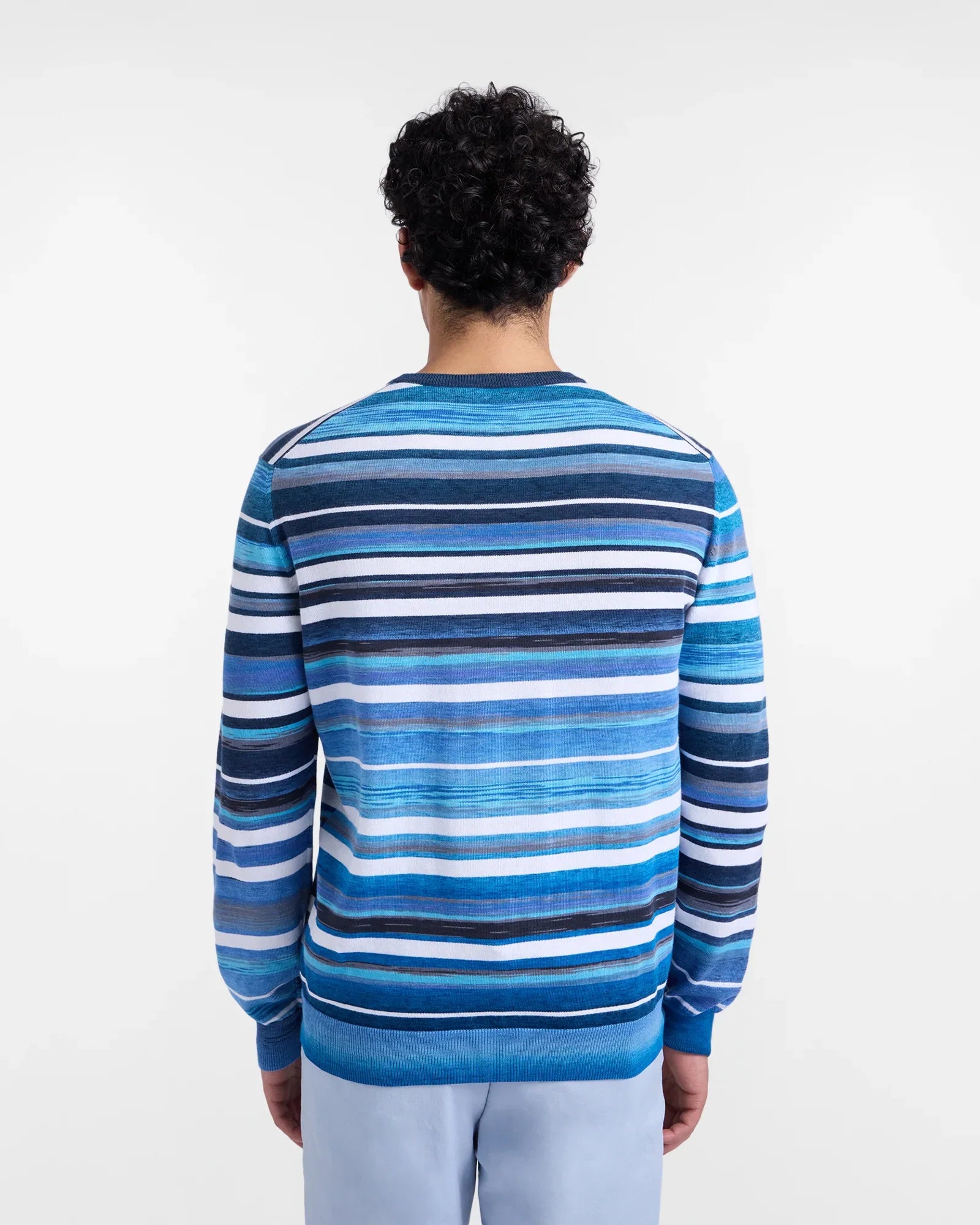 Maglione uomo girocollo a righe blu, azzurre e bianche, visto da dietro