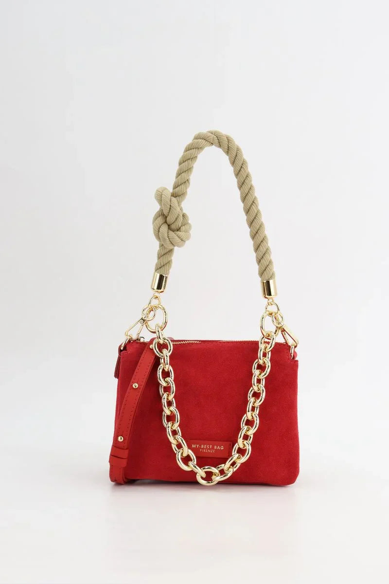 Borsa donna rossa in suede con catena dorata e manico in corda, stile moda Made in Italy