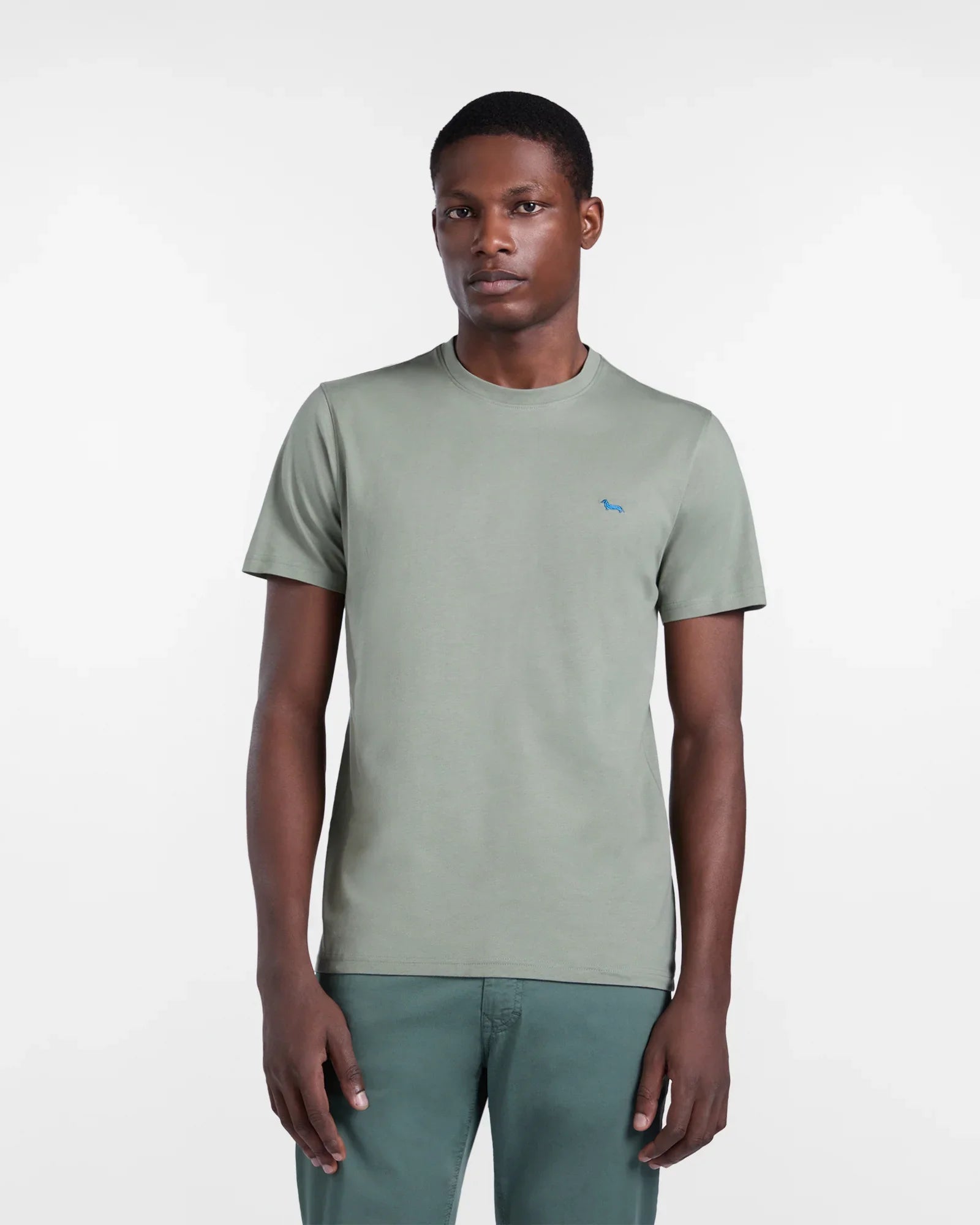 Maglietta verde chiaro da uomo a maniche corte con piccolo logo ricamato blu sul petto