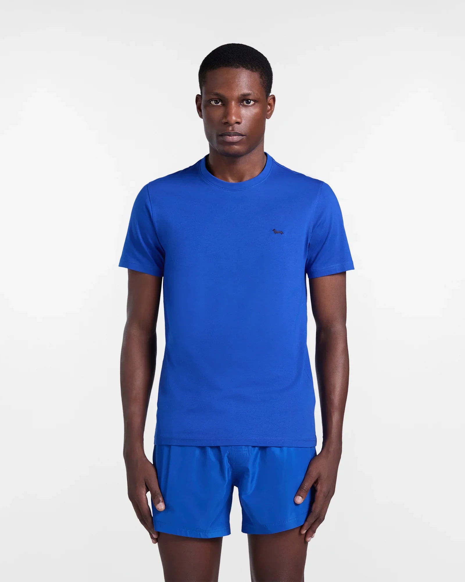 Modello uomo con t-shirt blu a maniche corte e pantaloncini, moda casual uomo