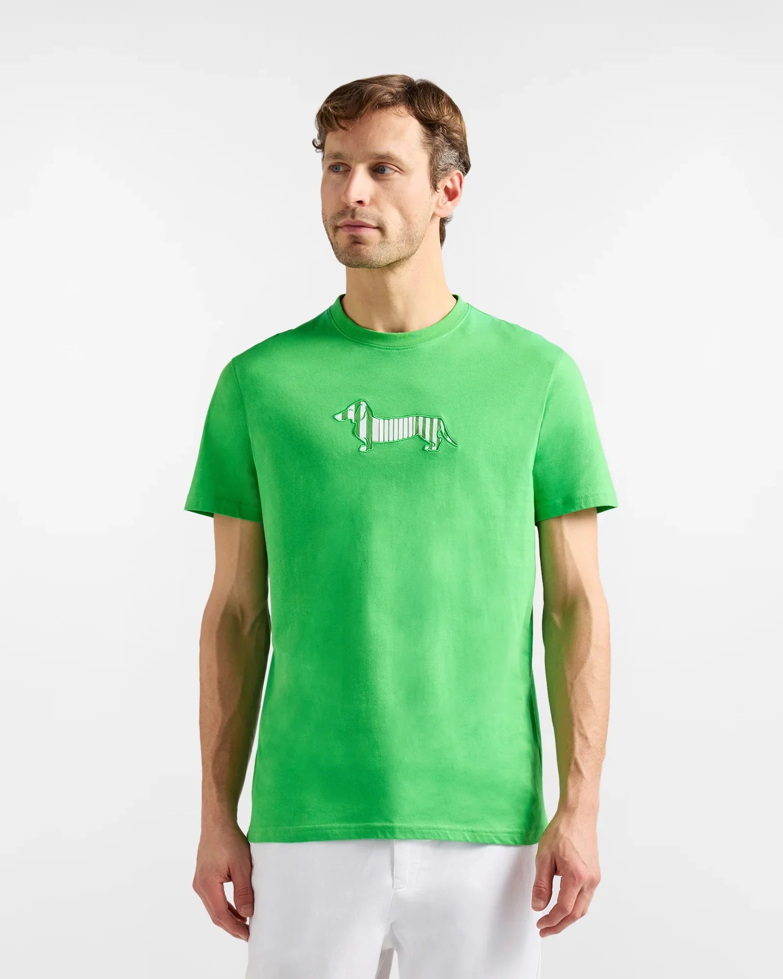 Maglietta verde uomo con stampa cane bassotto, abbigliamento casual moda uomo