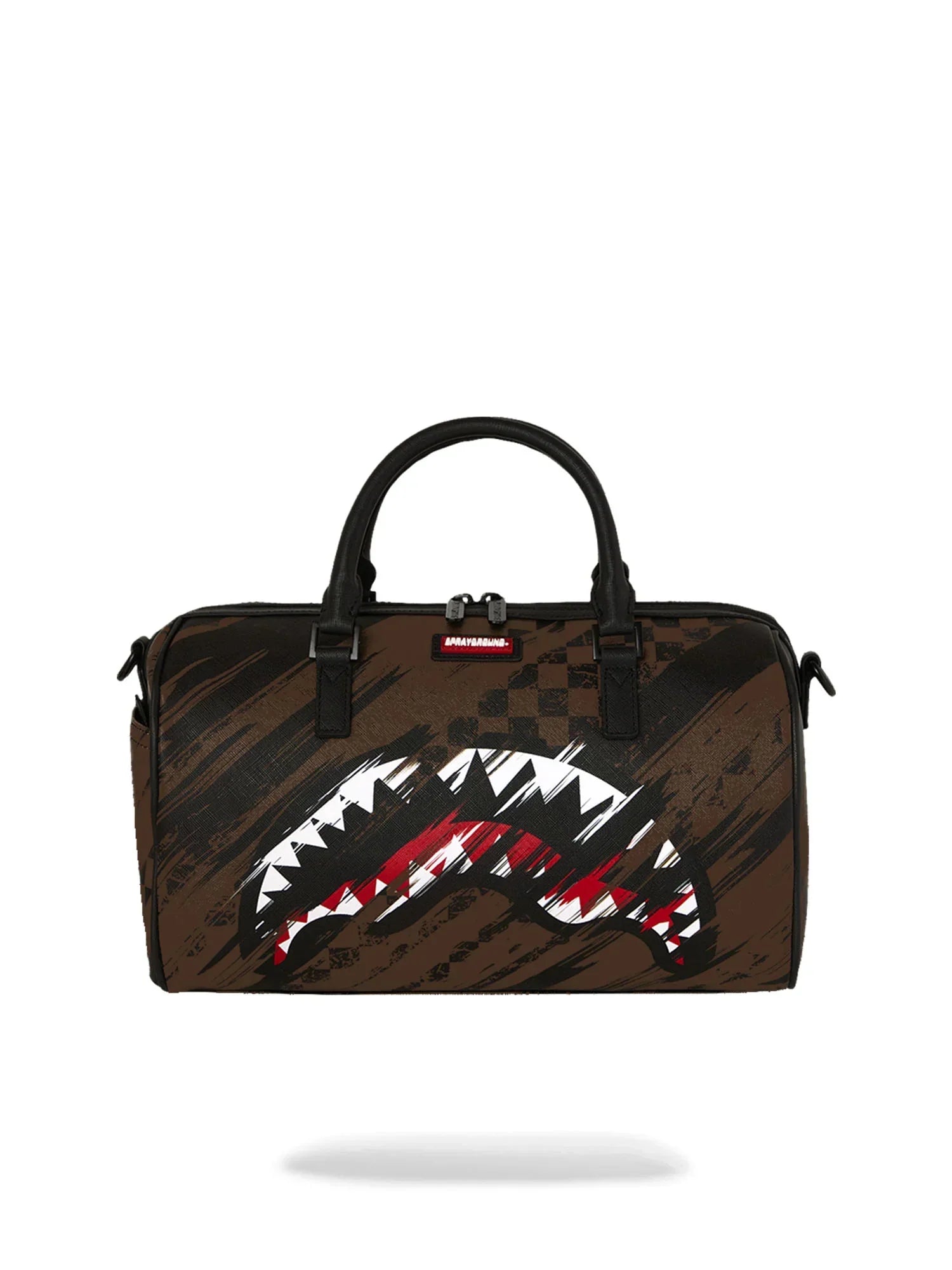 Borsa da viaggio marrone con manici neri e grafica di denti bianchi e rossi, stile urban.