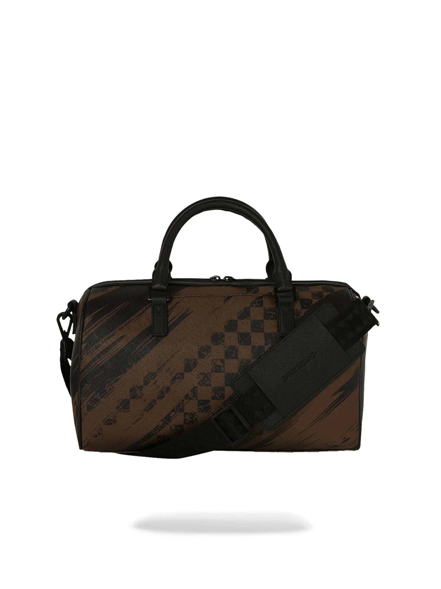 Borsone uomo marrone con tracolla, motivo geometrico nero, accessorio moda elegante