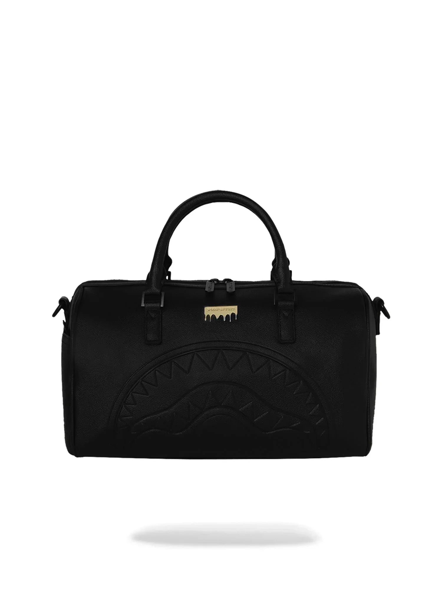 Borsa da viaggio nera in pelle con manici corti e dettagli geometrici rilievo, accessori moda uomo donna