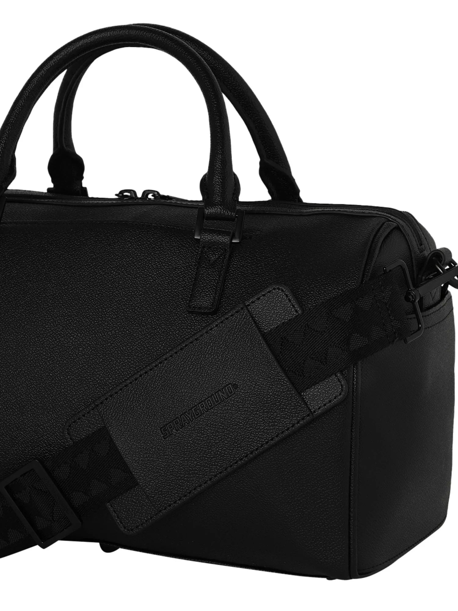 Borsa uomo nera in pelle con manici e tracolla regolabile, logo Sprayground visibile.