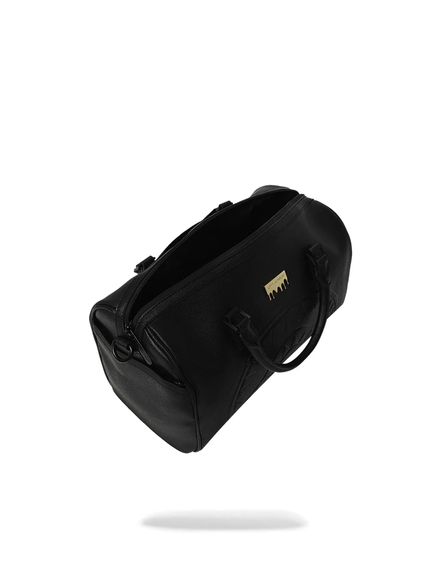 Borsa da viaggio uomo in pelle nera con manici e dettaglio logo dorato, accessorio elegante