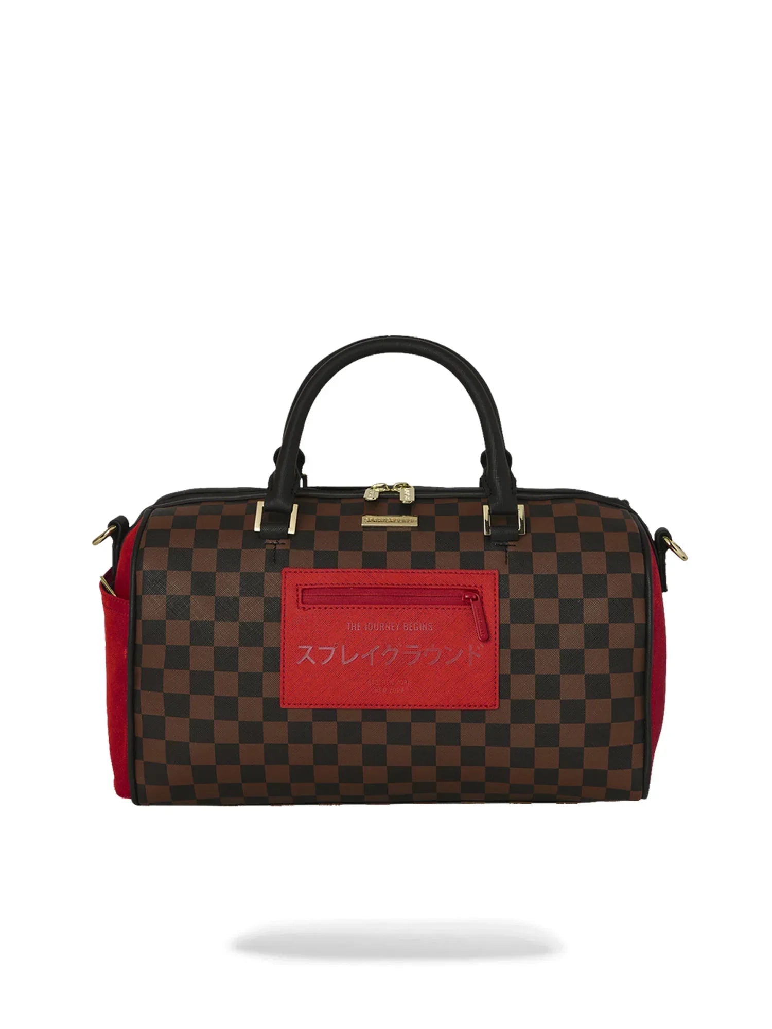 Borsa a mano uomo donna, motivo a scacchi marrone, dettagli rossi, stile moderno