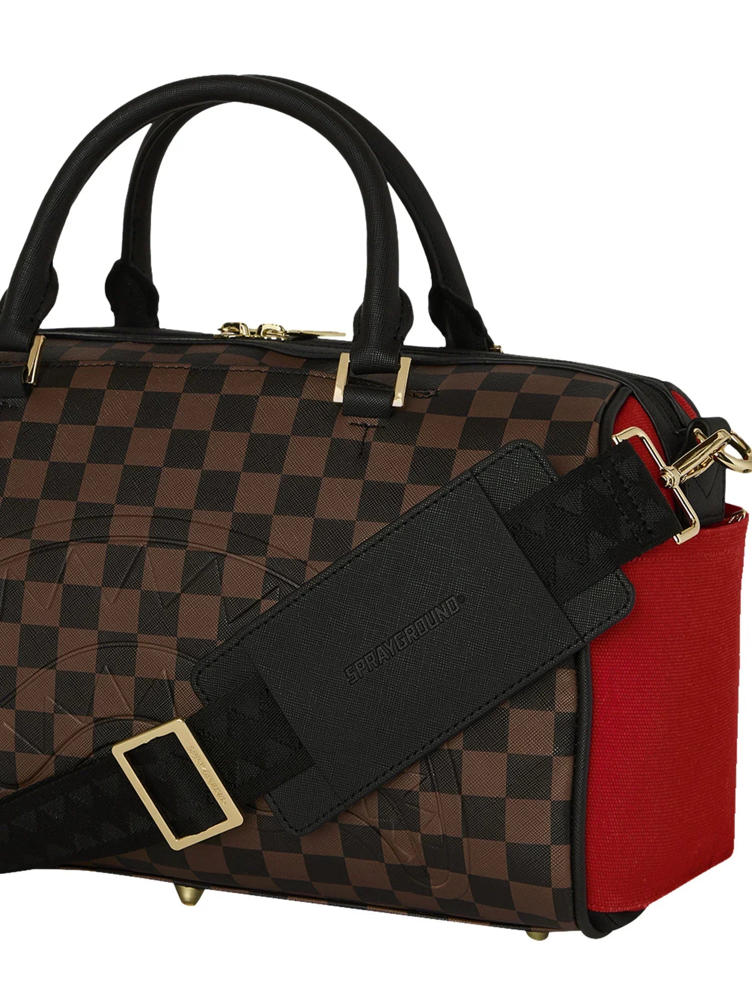 Borsa a mano uomo donna in pelle motivo a quadri marrone con dettagli rossi e tracolla nera
