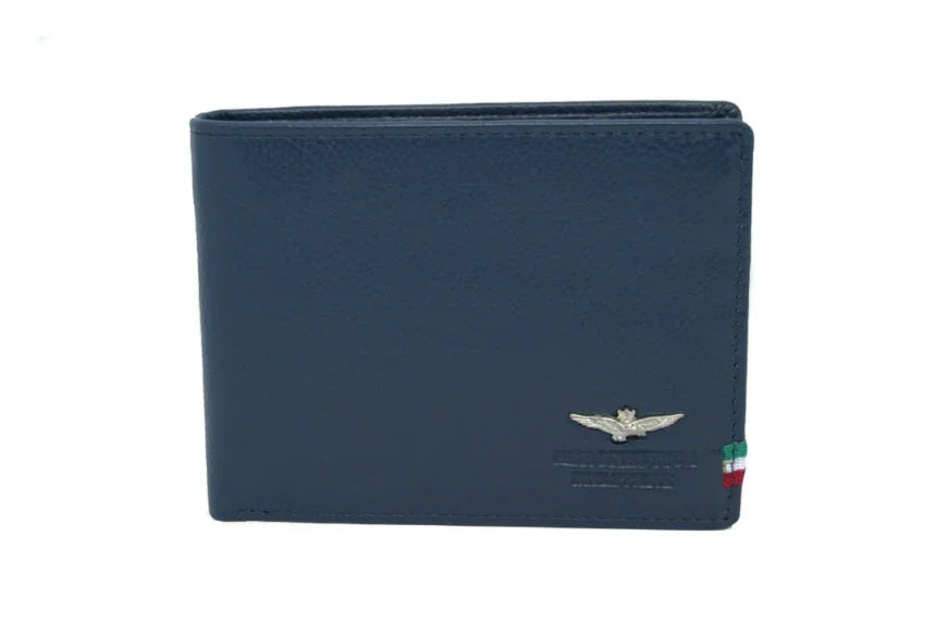 Portafoglio uomo in pelle blu con logo metallico e dettagli tricolore, accessori Made in Italy