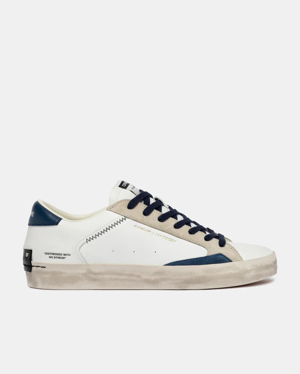 Sneaker uomo bianca e blu con dettagli in suede, suola vintage effetto used, stile moderno.
