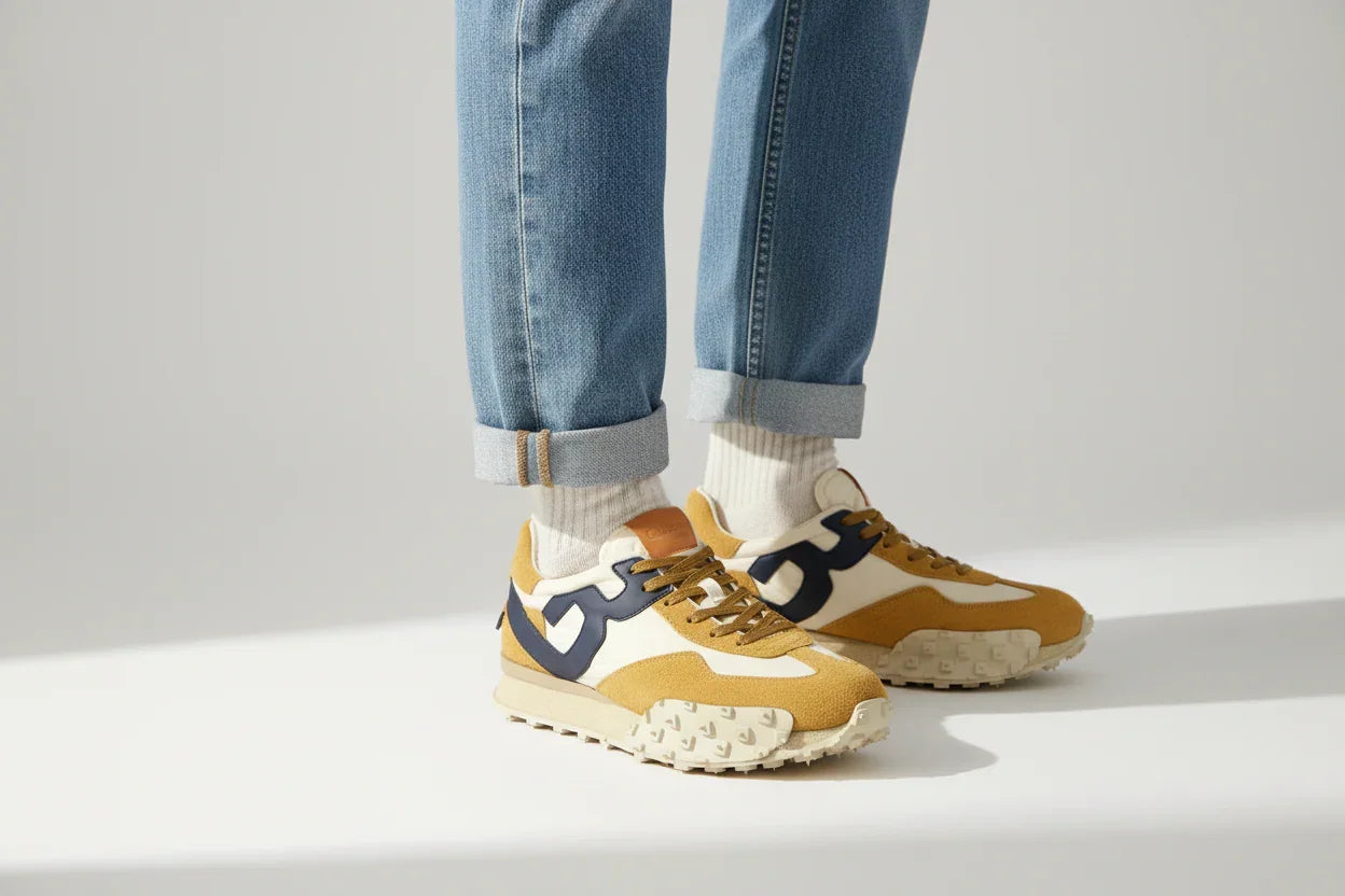 Sneaker uomo gialle con dettagli navy, jeans risvoltati e calzini bianchi, stile casual.