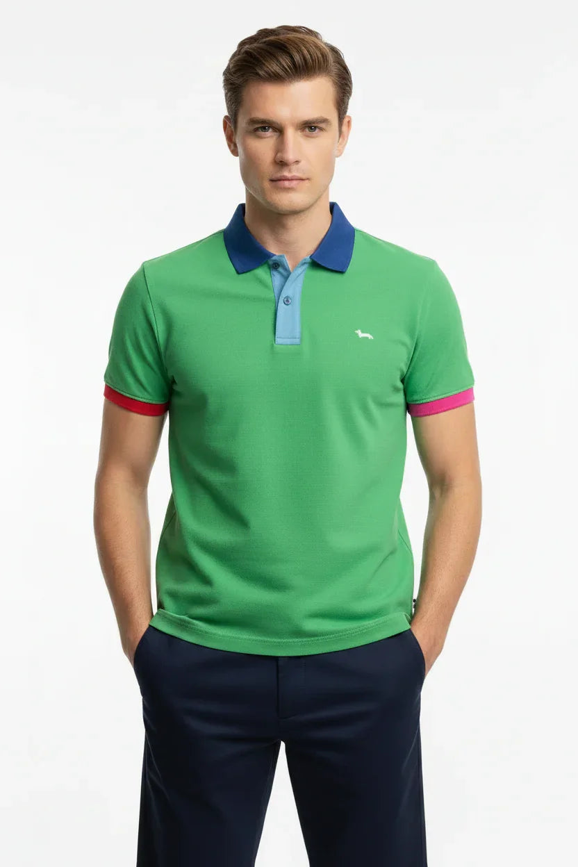 Uomo indossa polo verde con colletto blu navy, dettagli rosa e rossi, abbigliamento moda uomo