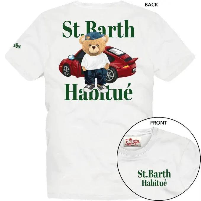 T-shirt bianca con stampa orso, auto rossa e scritta St. Barth Habitué, moda casual uomo