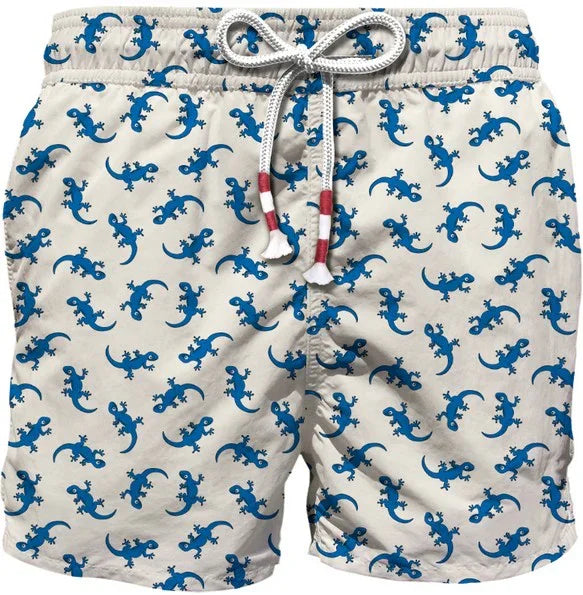 Boxer mare uomo beige con stampa gechi blu e coulisse, moda estiva uomo