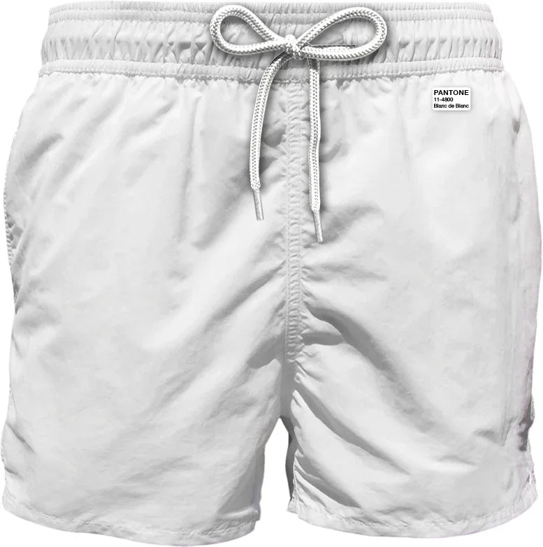 Costume da bagno uomo bianco, elastico in vita, laccetto regolabile, etichetta Pantone