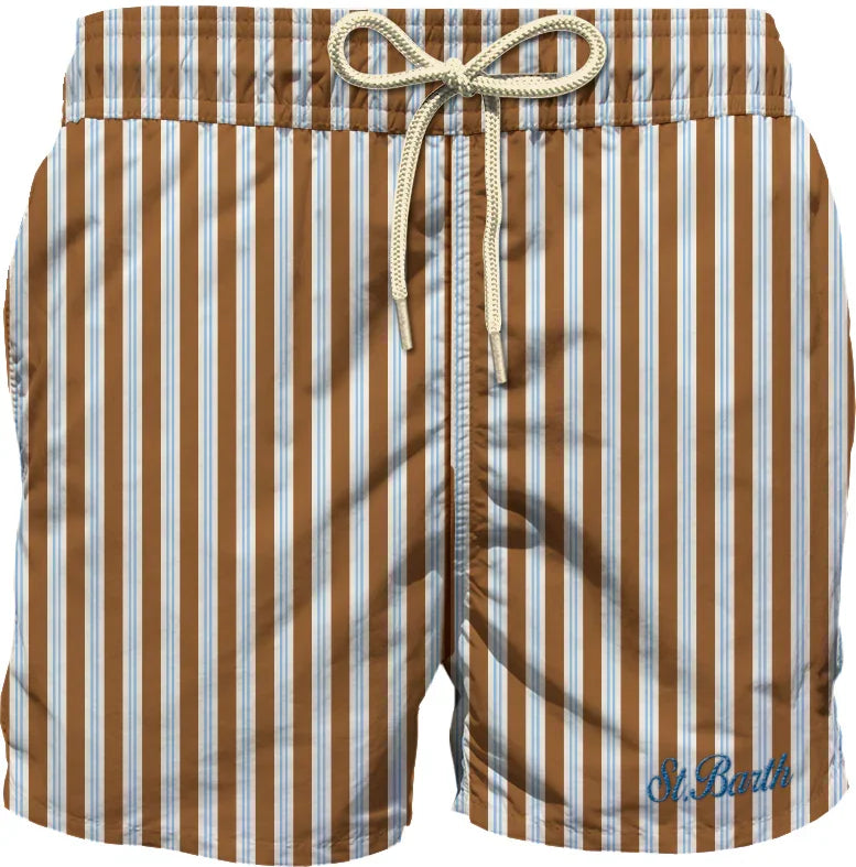 Costume da bagno uomo a righe verticali marroni e azzurre, laccio in vita, scritta St. Barth