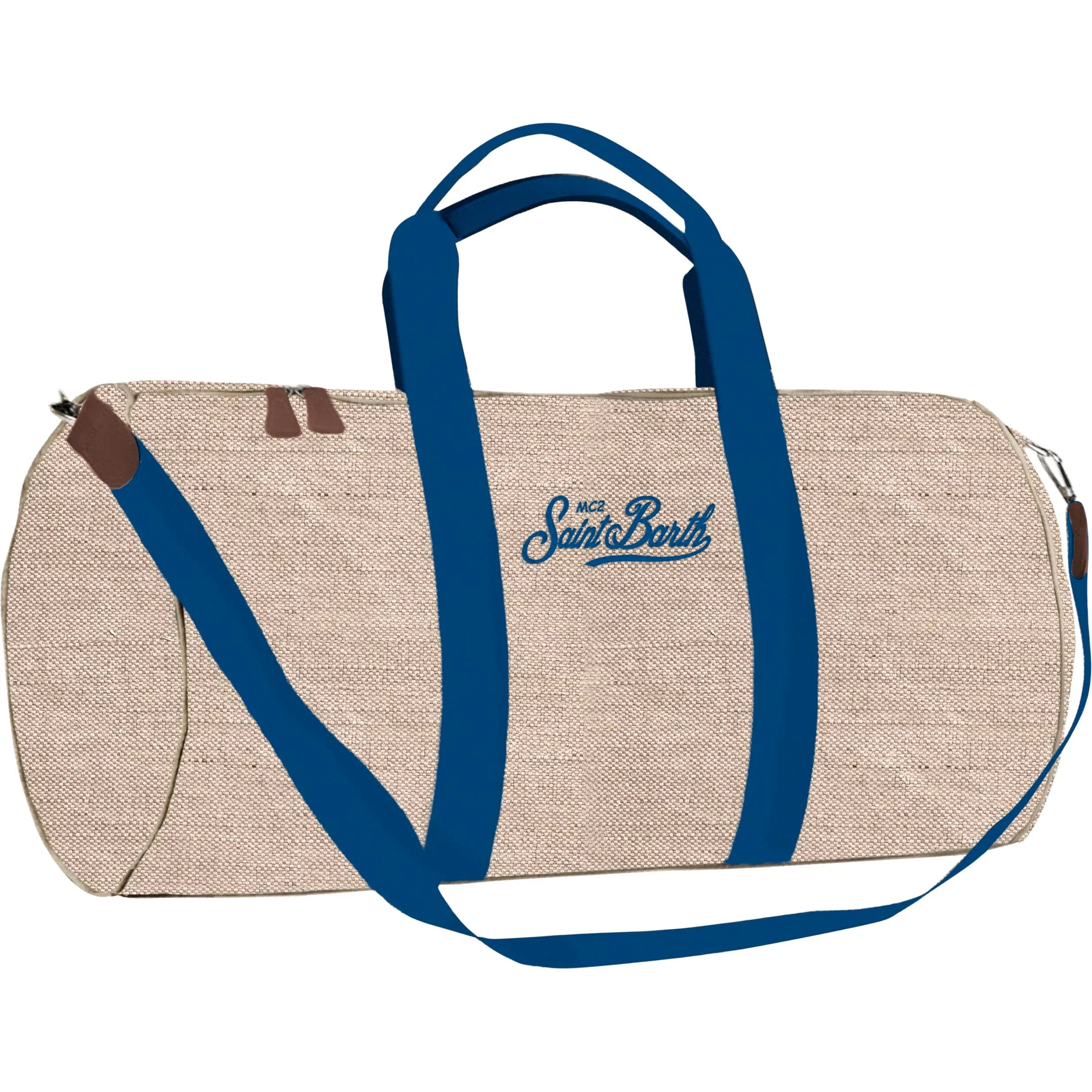 Borsone da viaggio in lino beige con manici e tracolla blu, logo Saint Barth ricamato.
