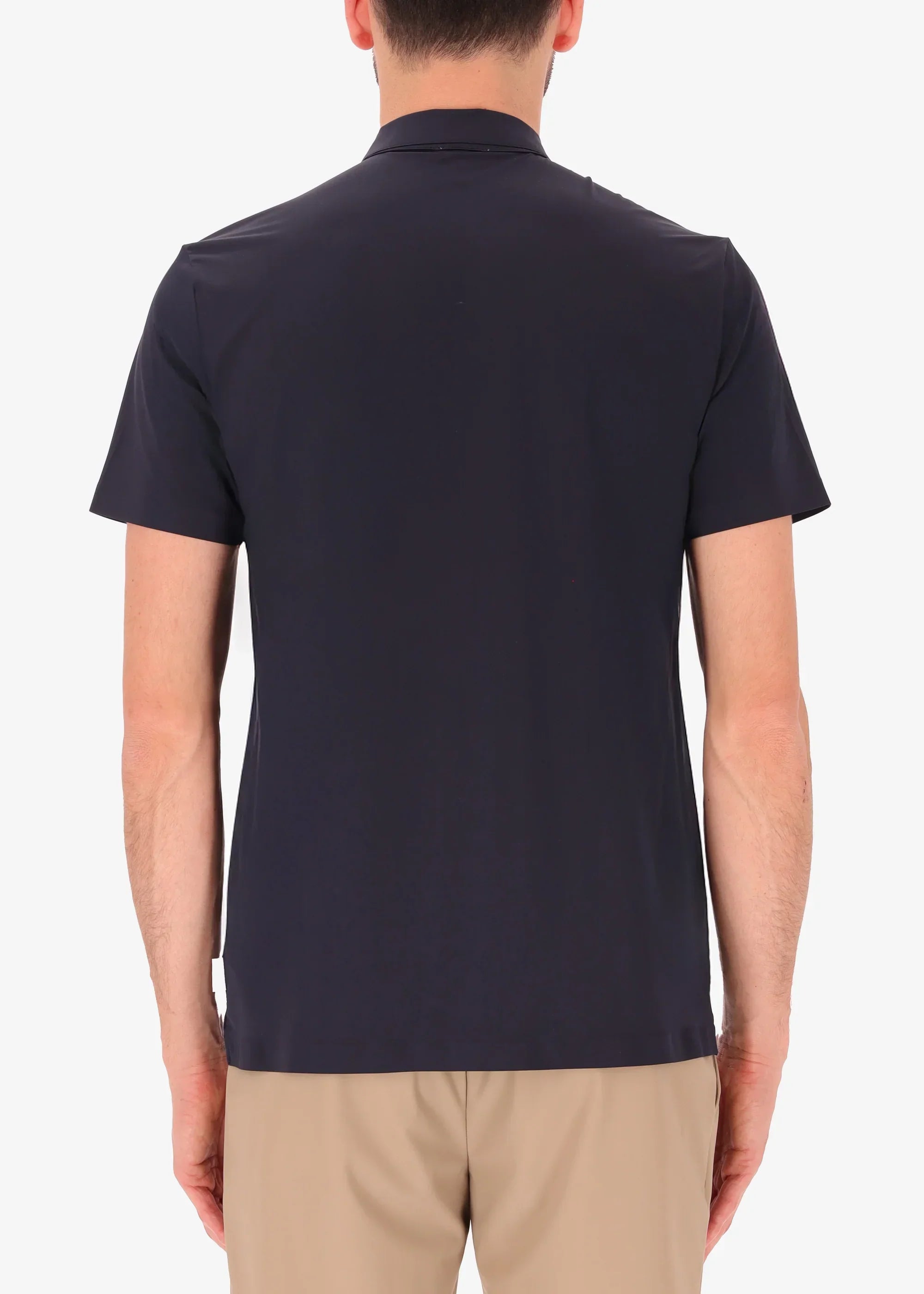 Polo blu uomo maniche corte vista posteriore, abbigliamento casual elegante