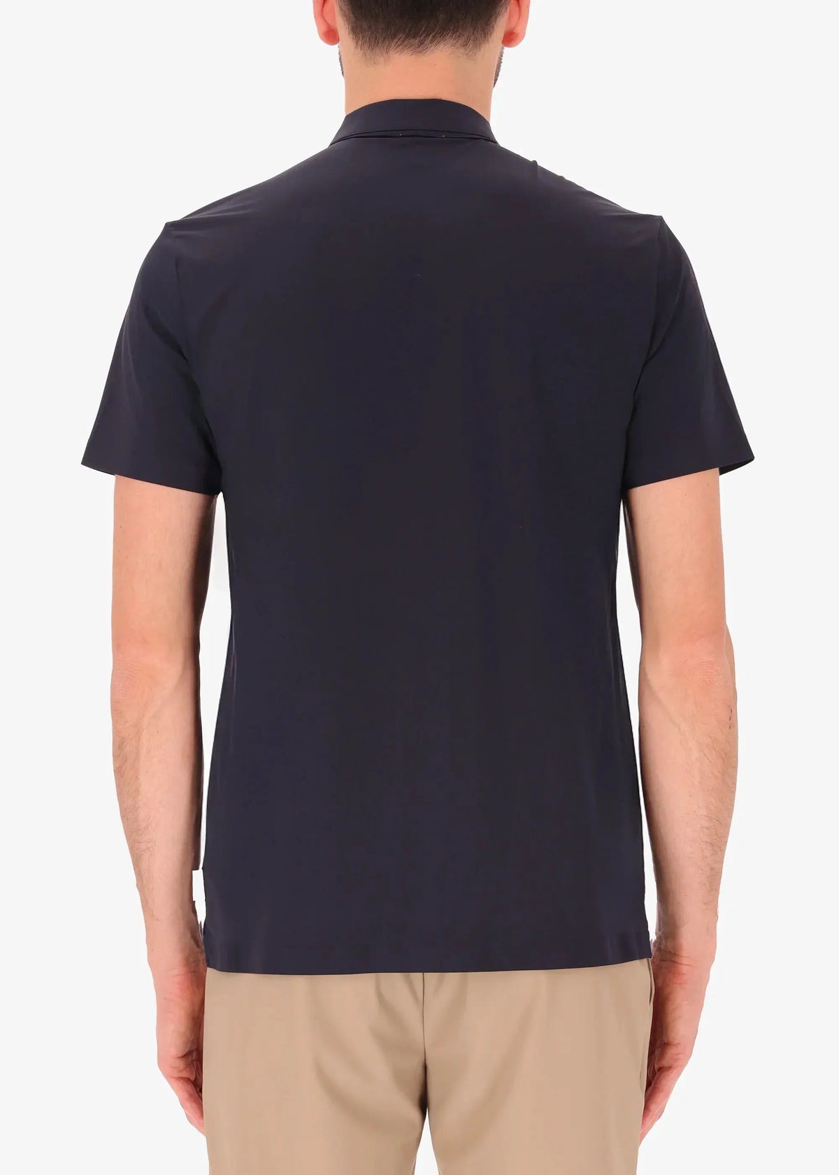 Polo blu uomo maniche corte vista posteriore, abbigliamento casual elegante