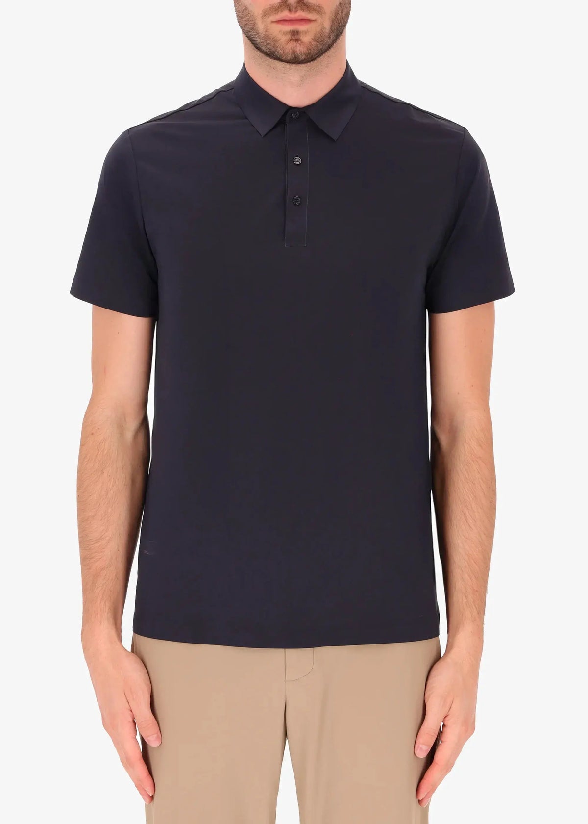 Polo uomo blu a maniche corte, stile elegante, tessuto liscio, vestibilità slim