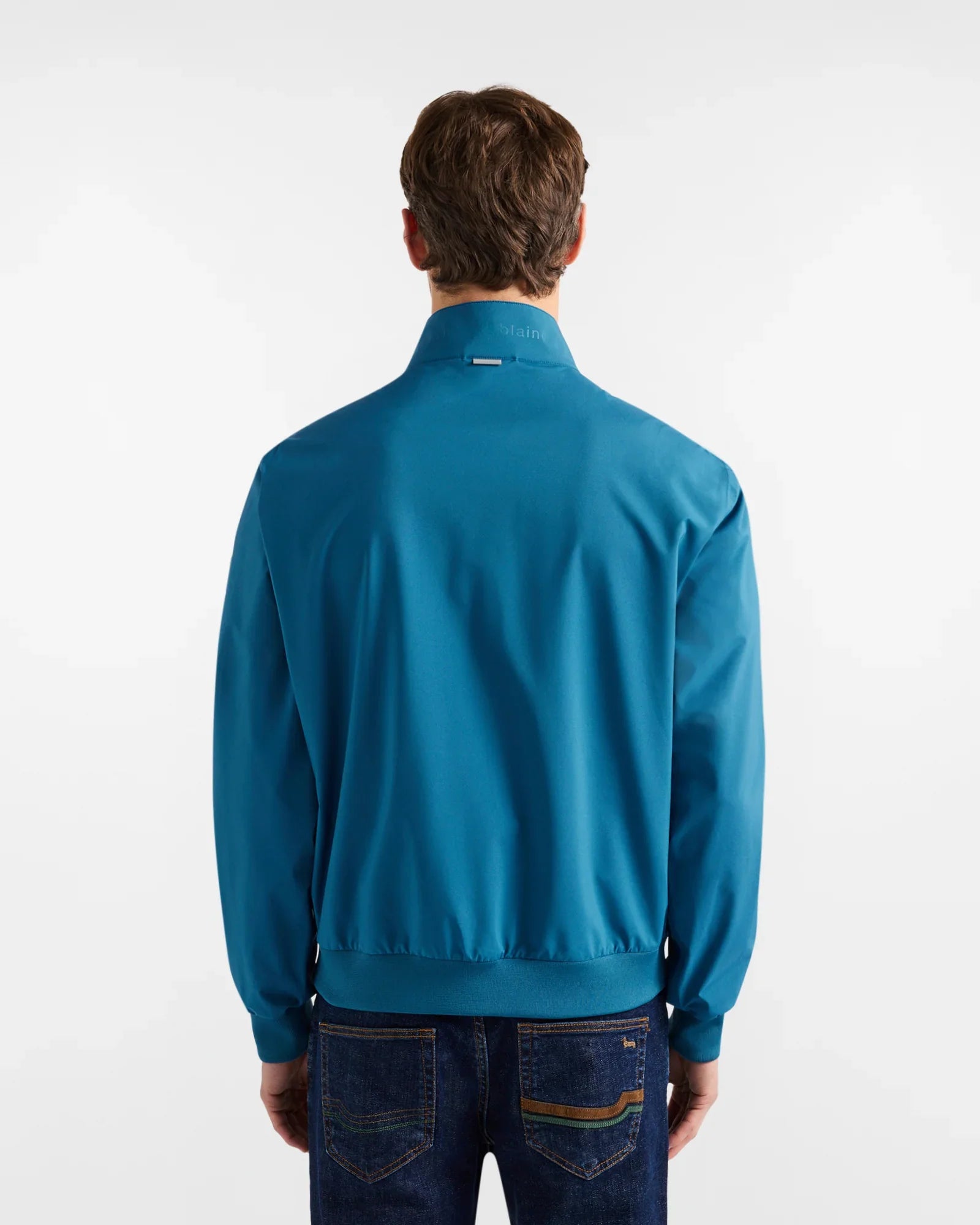 Giacca uomo blu, vista posteriore, abbigliamento moda casual, jeans denim