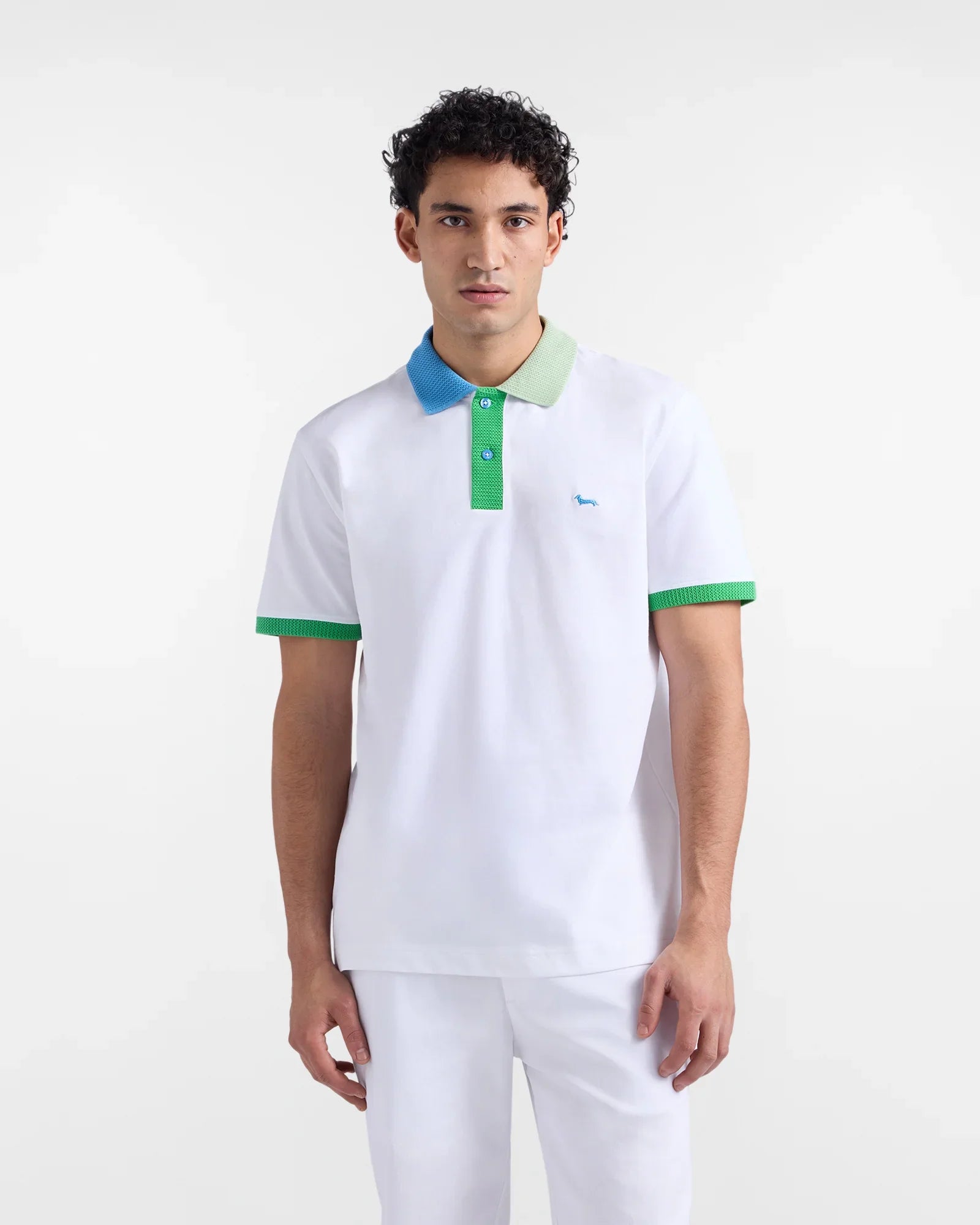 Polo uomo bianca con colletto e bordi verdi e azzurri, dettagli moderni, moda estiva elegante
