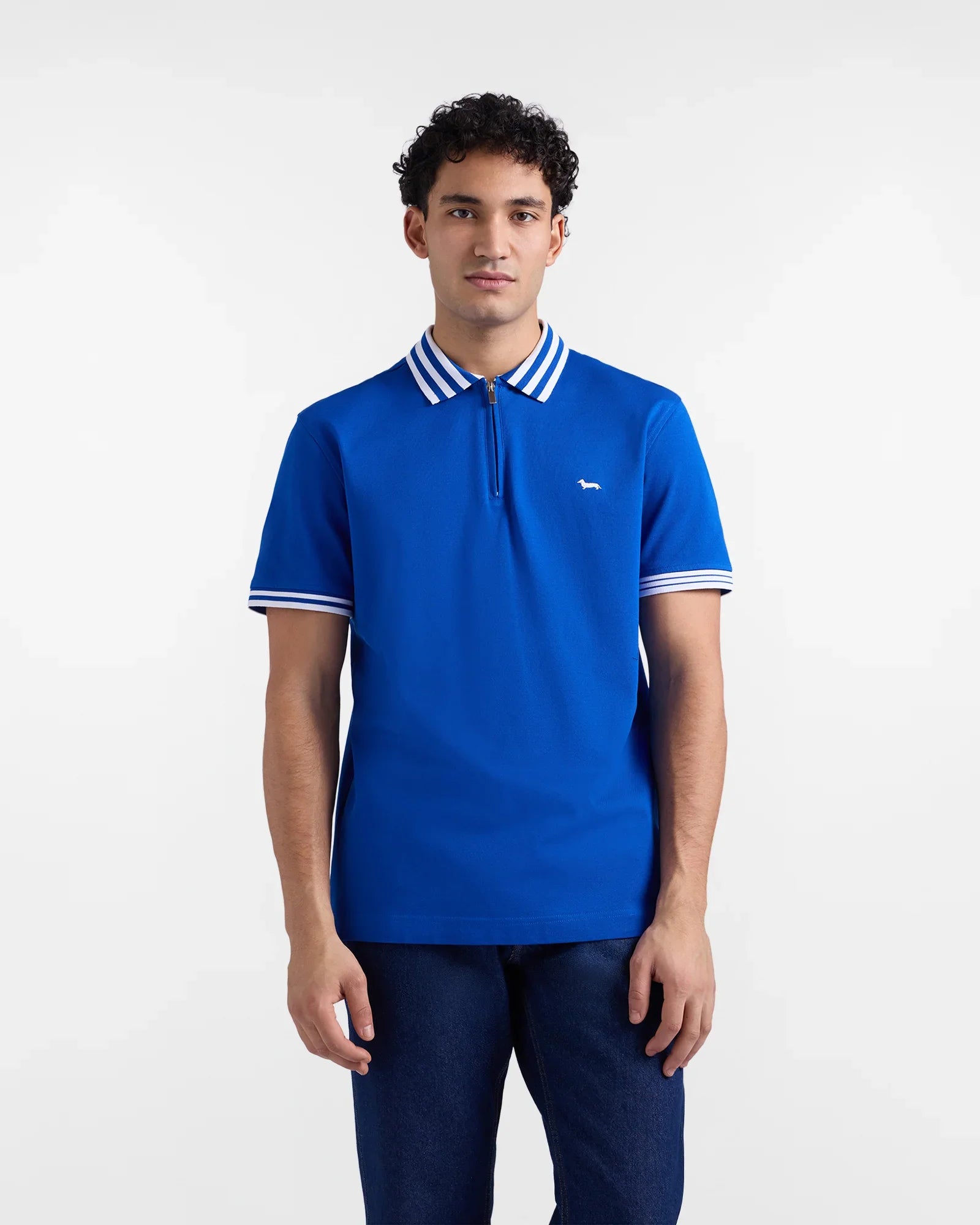Polo uomo blu con zip, colletto e maniche a righe bianche, stile casual moderno
