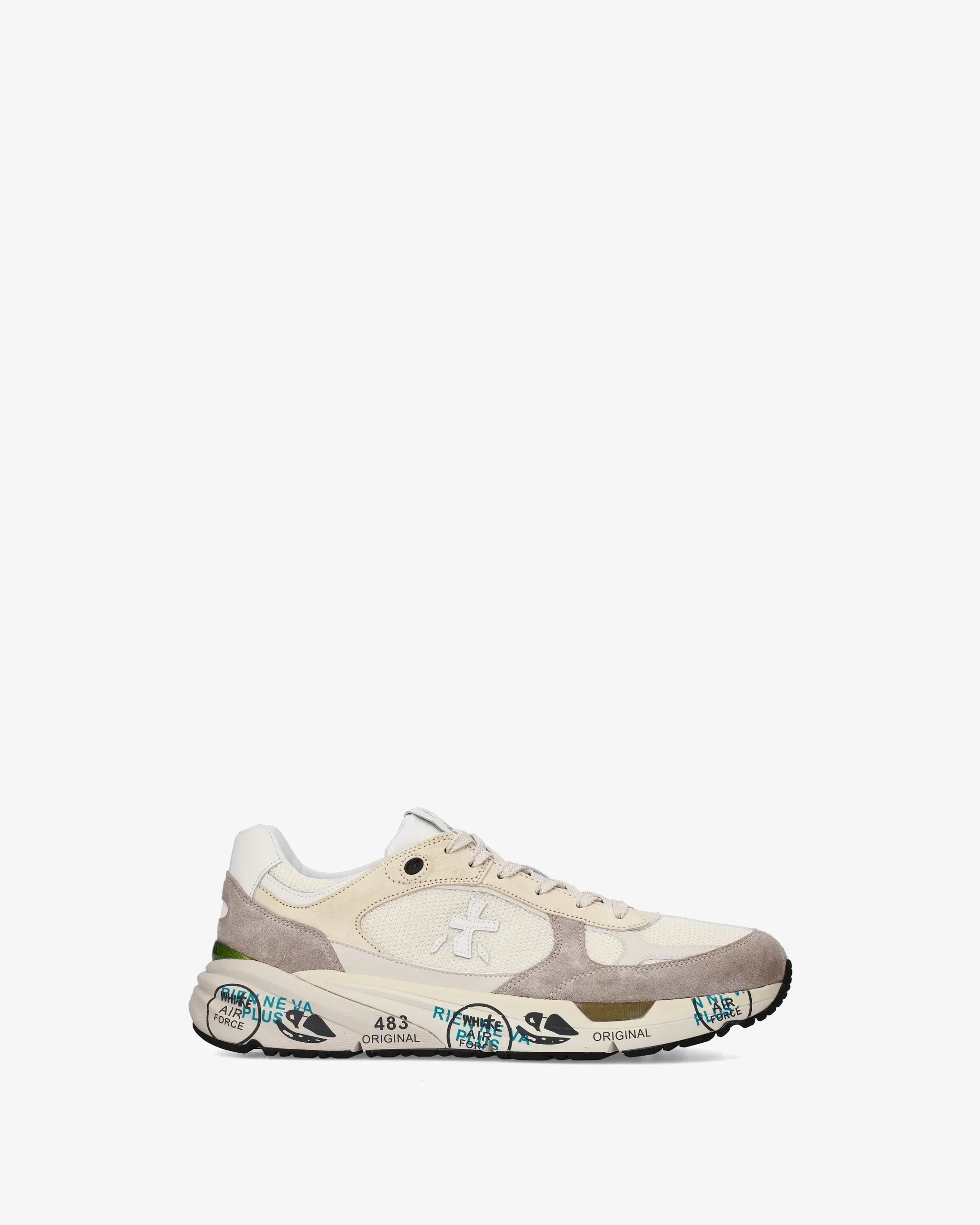 Sneaker uomo beige e bianca con dettagli in suede e suola decorata, moda casual