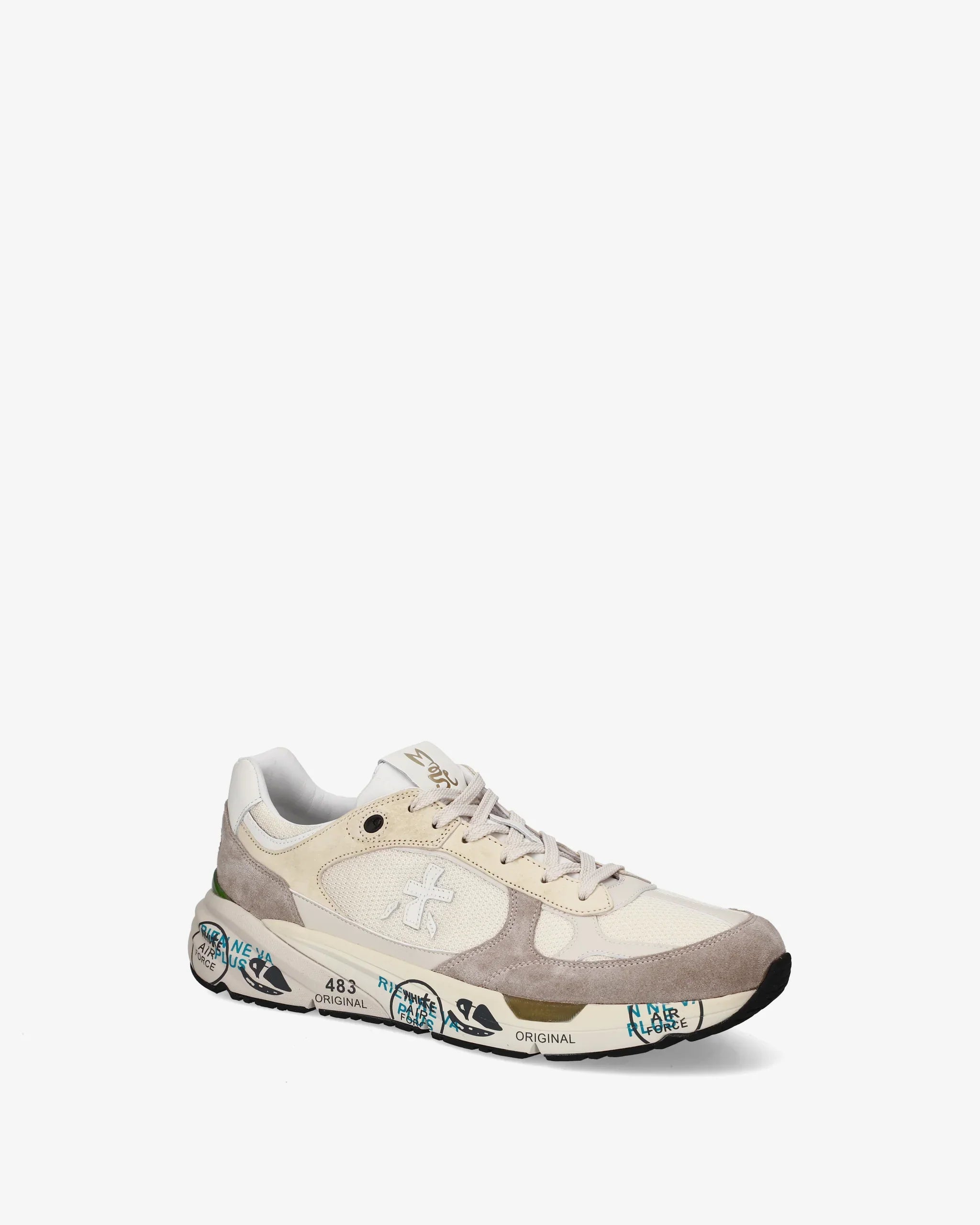Sneaker uomo beige con dettagli in pelle scamosciata e suola decorata, stile casual fashion.
