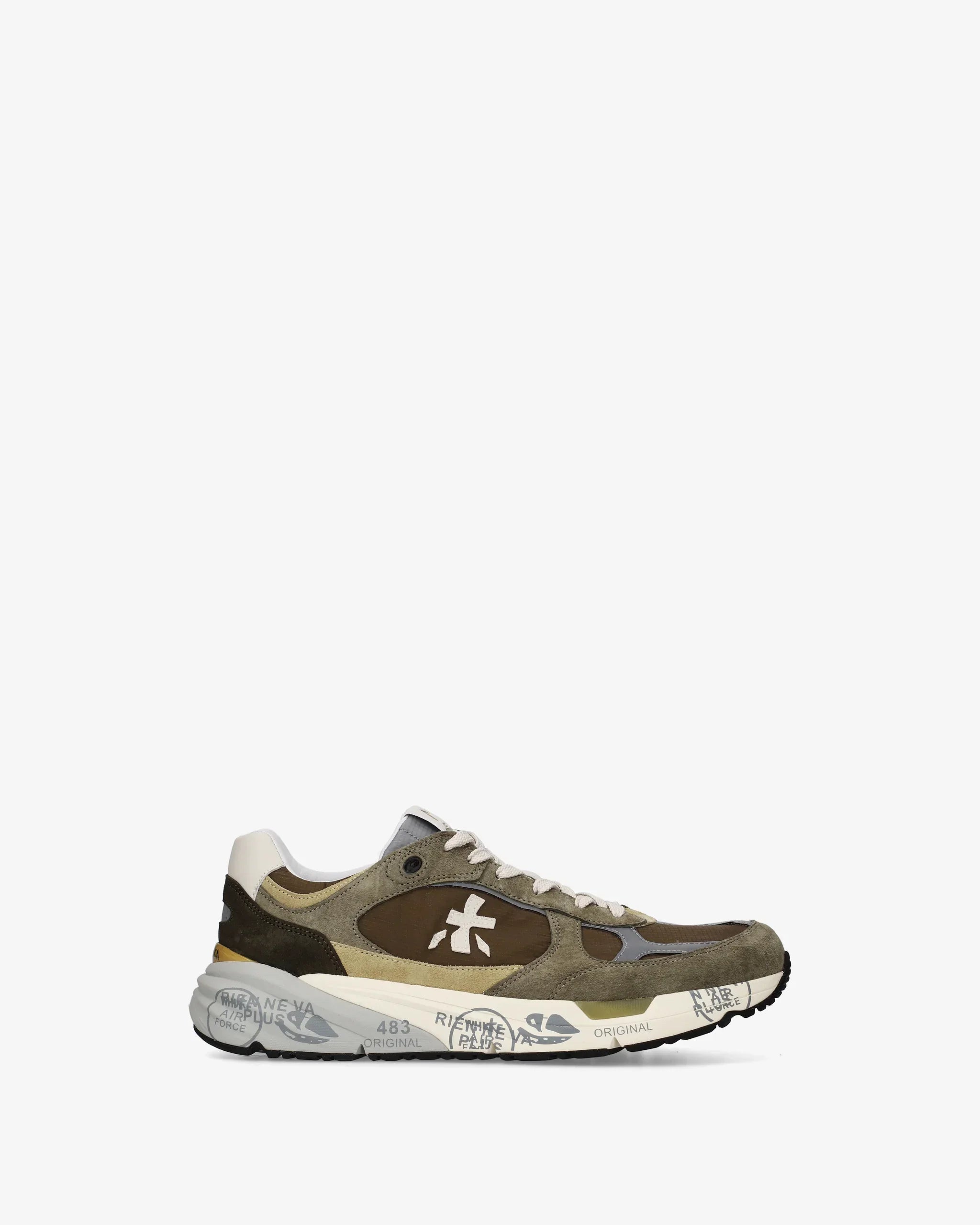 Sneaker uomo verde oliva con dettagli bianchi, suola stampata, stile casual, moda Made in Italy