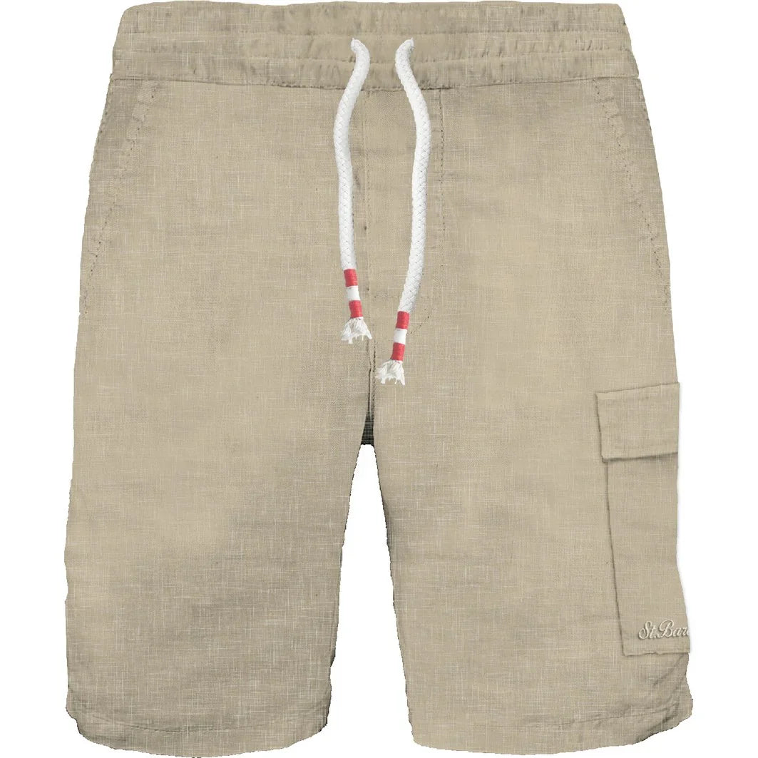 Bermuda uomo in lino beige con tasca laterale e coulisse, abbigliamento estivo elegante