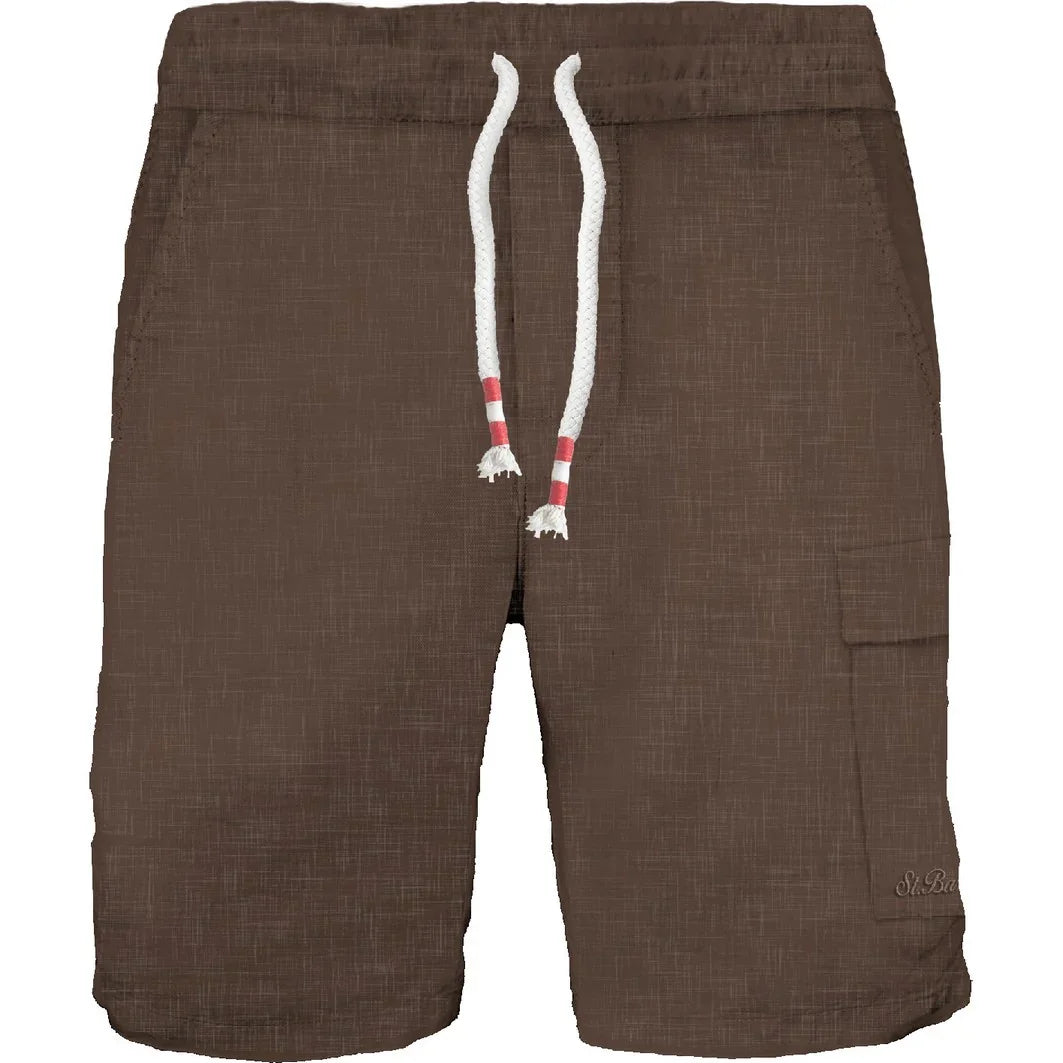Bermuda uomo lino marrone scuro con tasche laterali e laccio bianco, stile casual estivo
