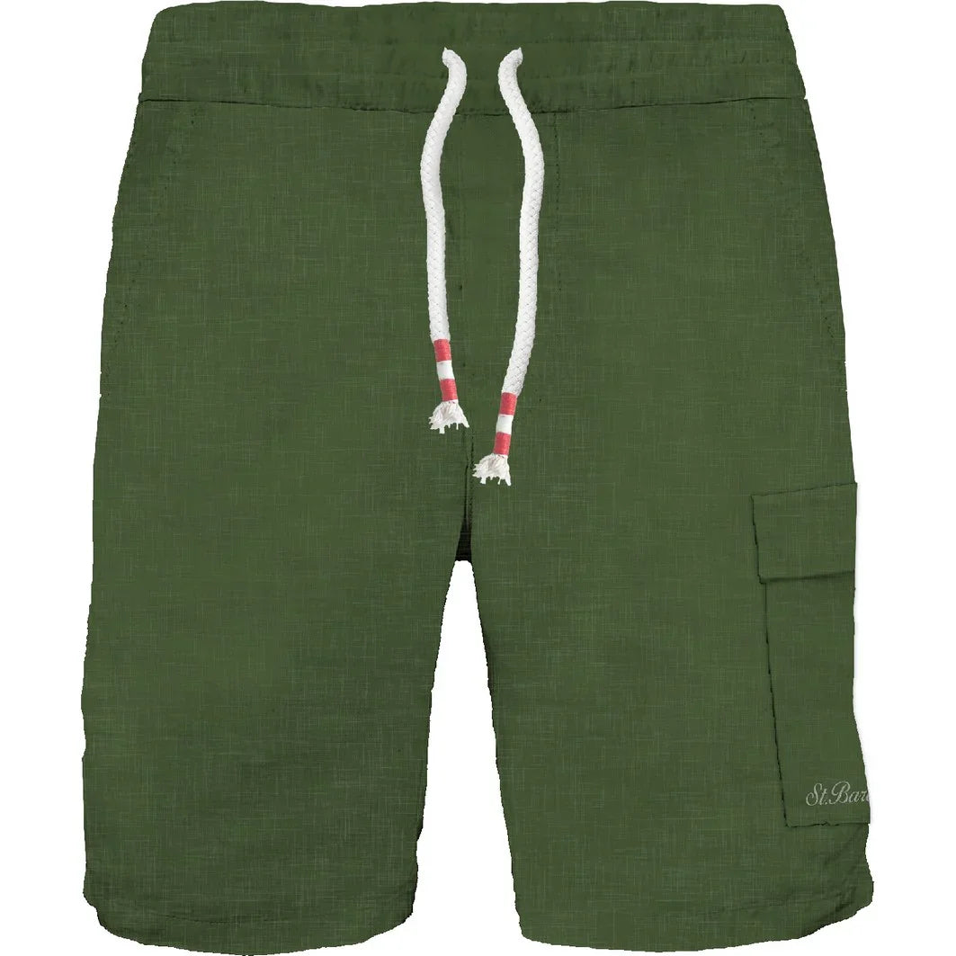 Bermuda uomo lino verde militare con tasca laterale e coulisse, stile casual estivo