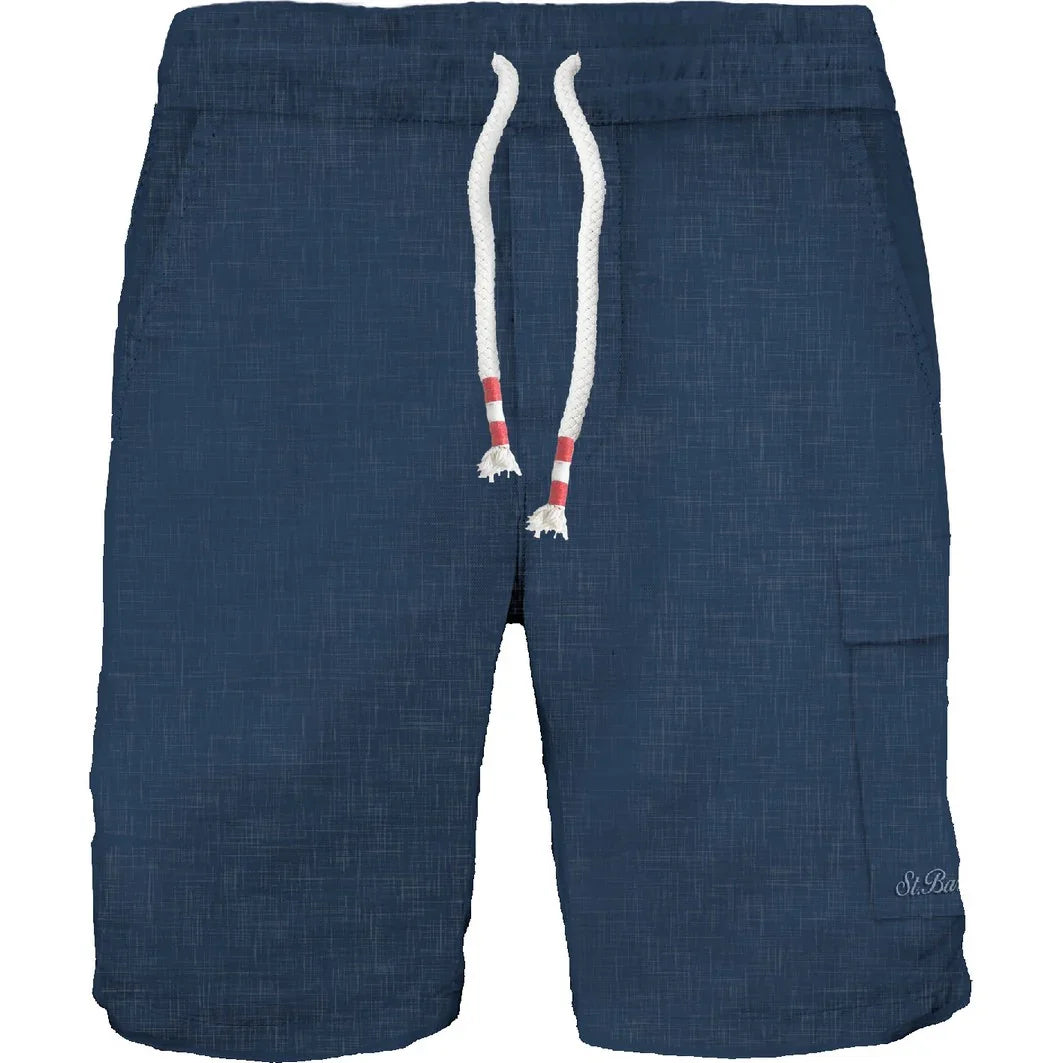 Bermuda uomo lino blu navy con tasche laterali e coulisse bianca, stile casual estivo