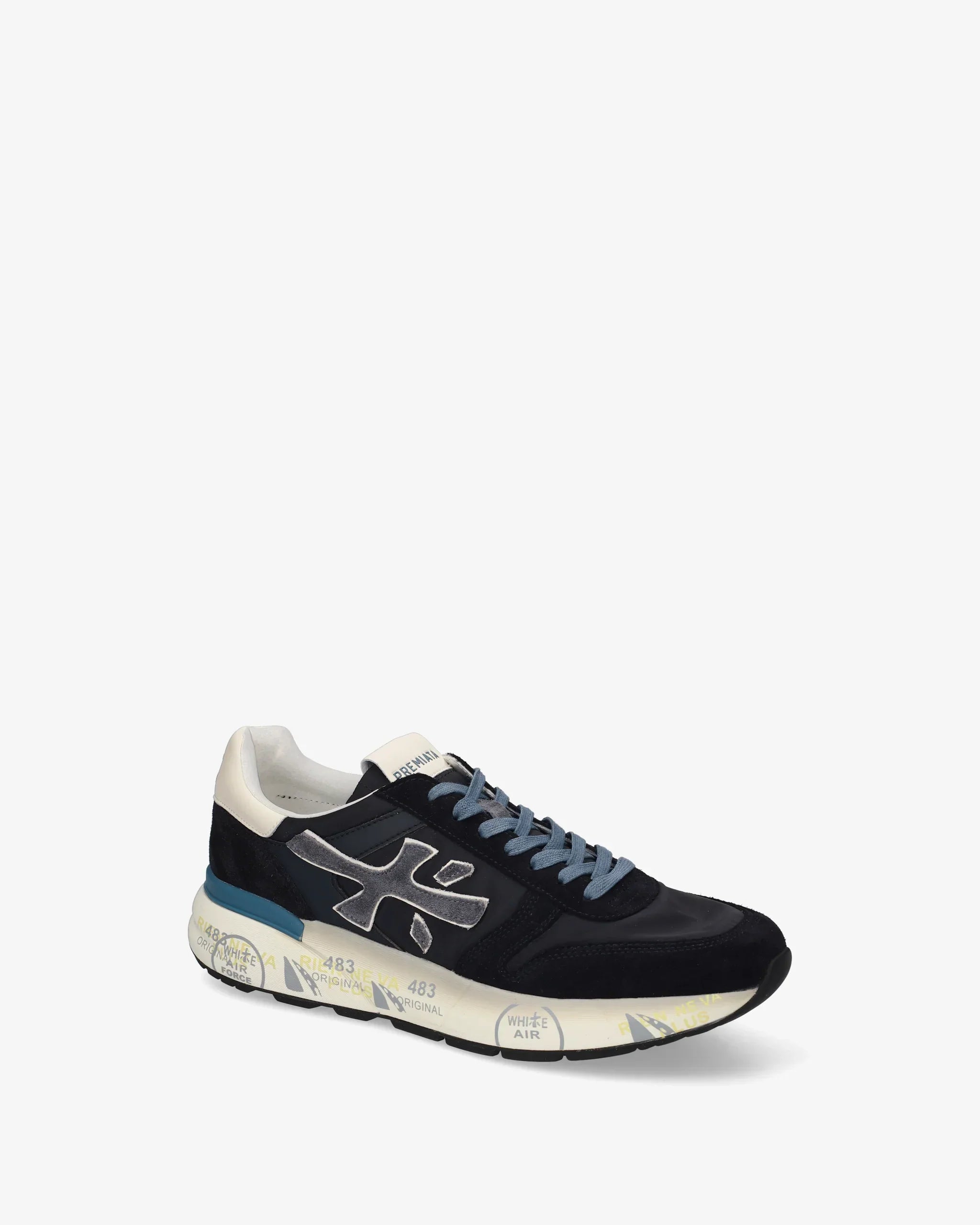 Sneaker uomo in pelle e tessuto blu con suola stampata, stile casual alla moda
