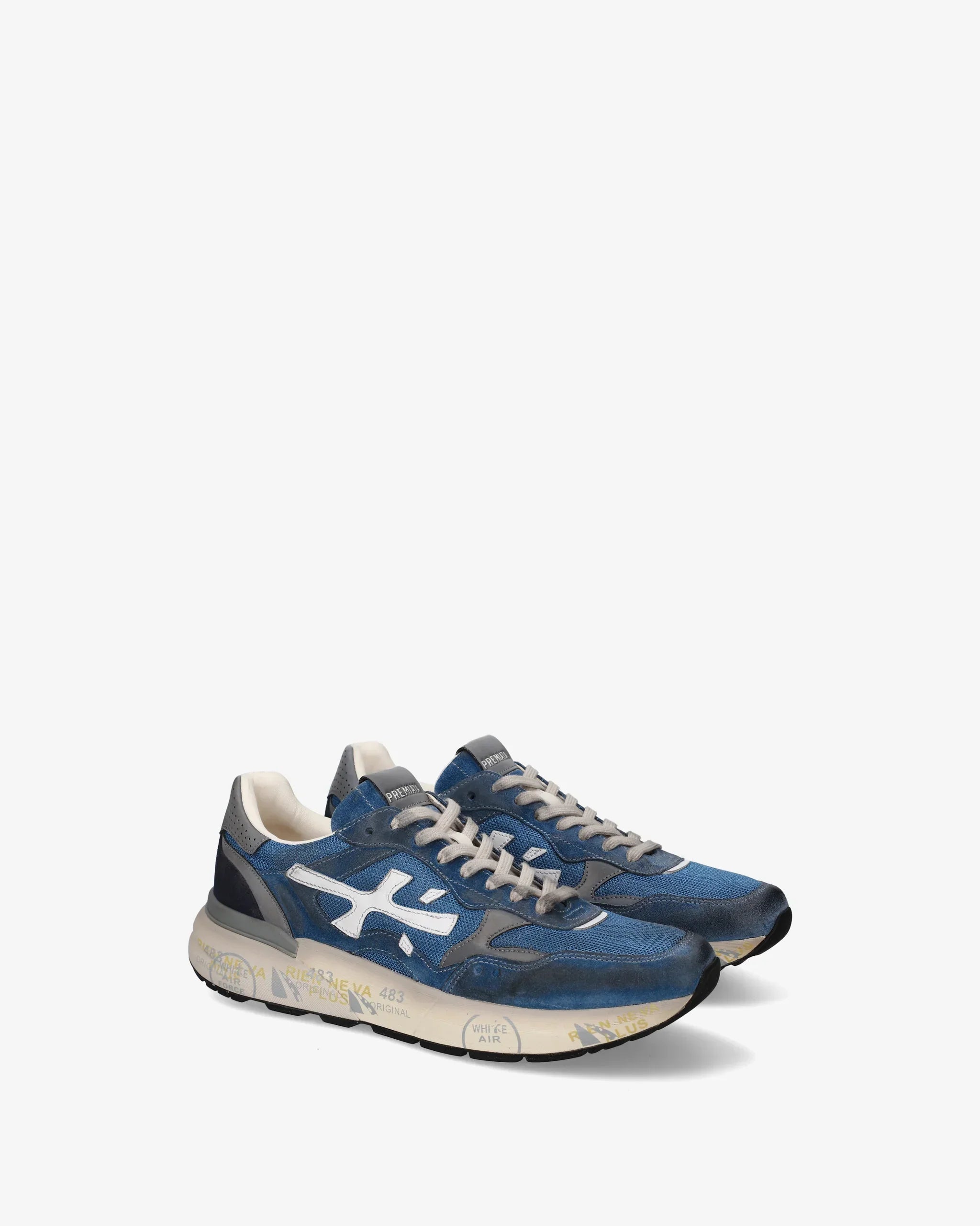 Sneakers uomo blu e grigie con dettagli bianchi e suola stampata, stile casual moderno