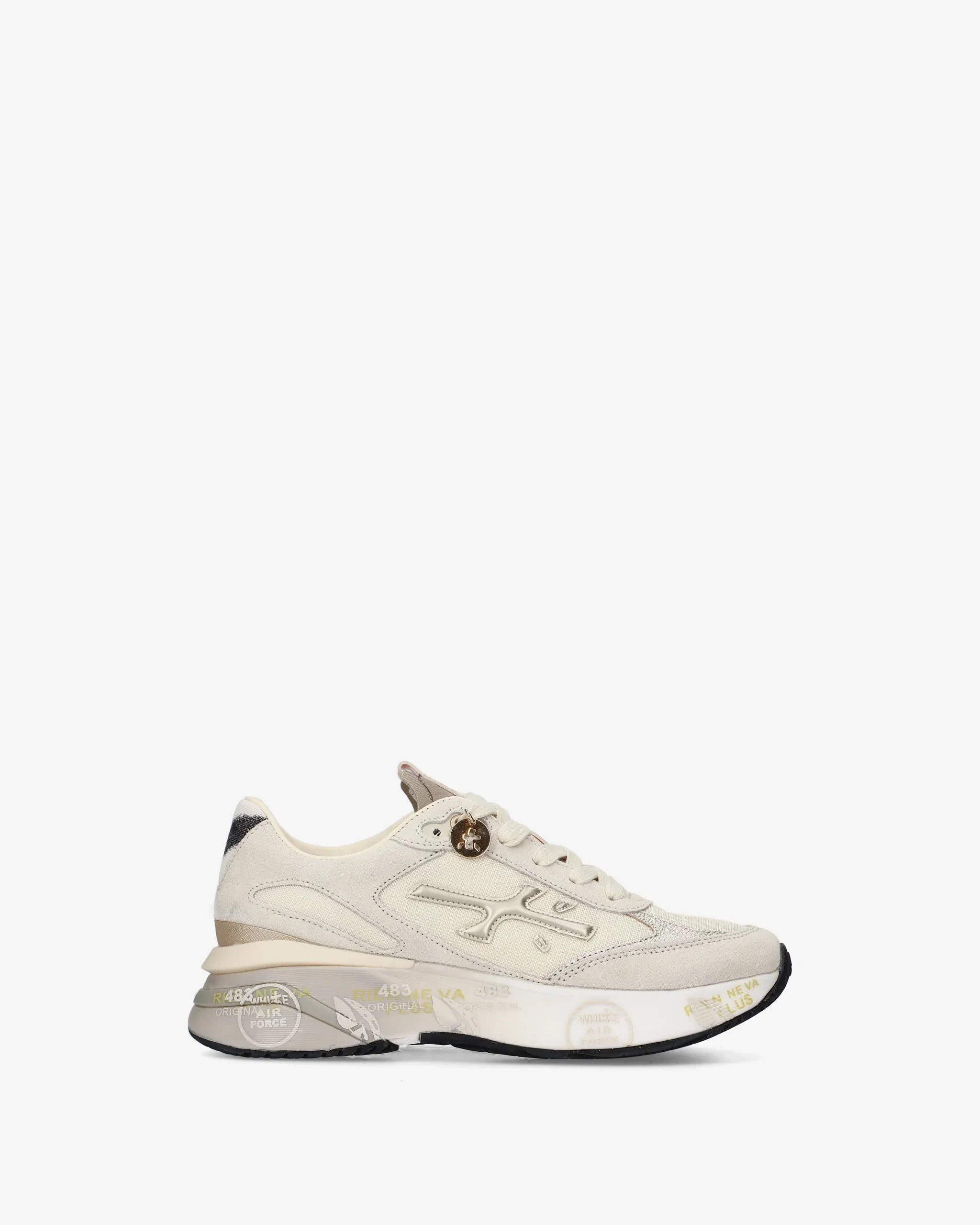 Sneaker donna beige in pelle e tessuto con suola decorata e dettaglio logo, moda casual